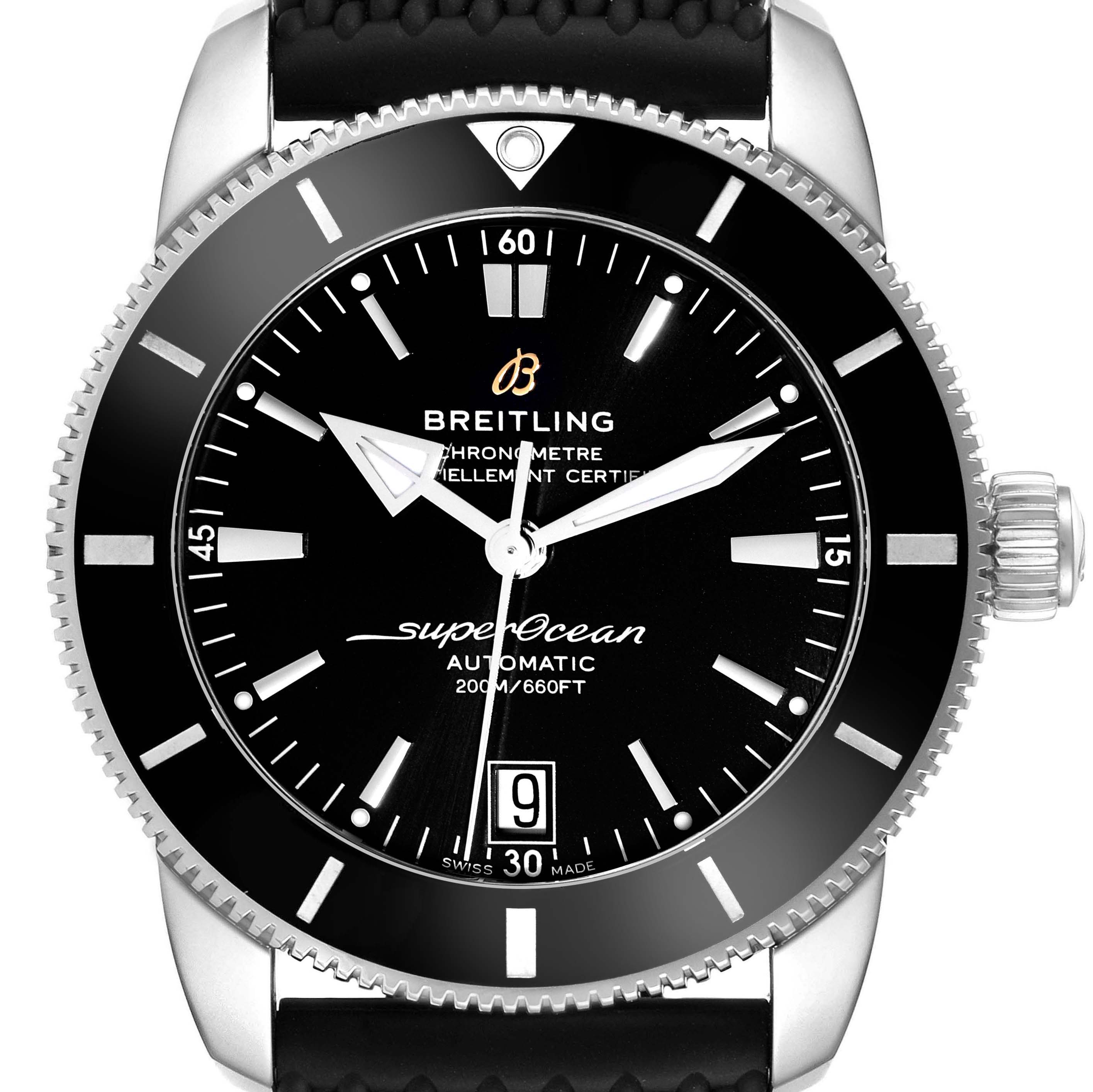 The image shows a front view of a Breitling Superocean AB2010 Men
s Stainless Steel Black Dial AB2010 Men
s Stainless Steel Black Dial watch, highlighting the face, bezel, and crown.