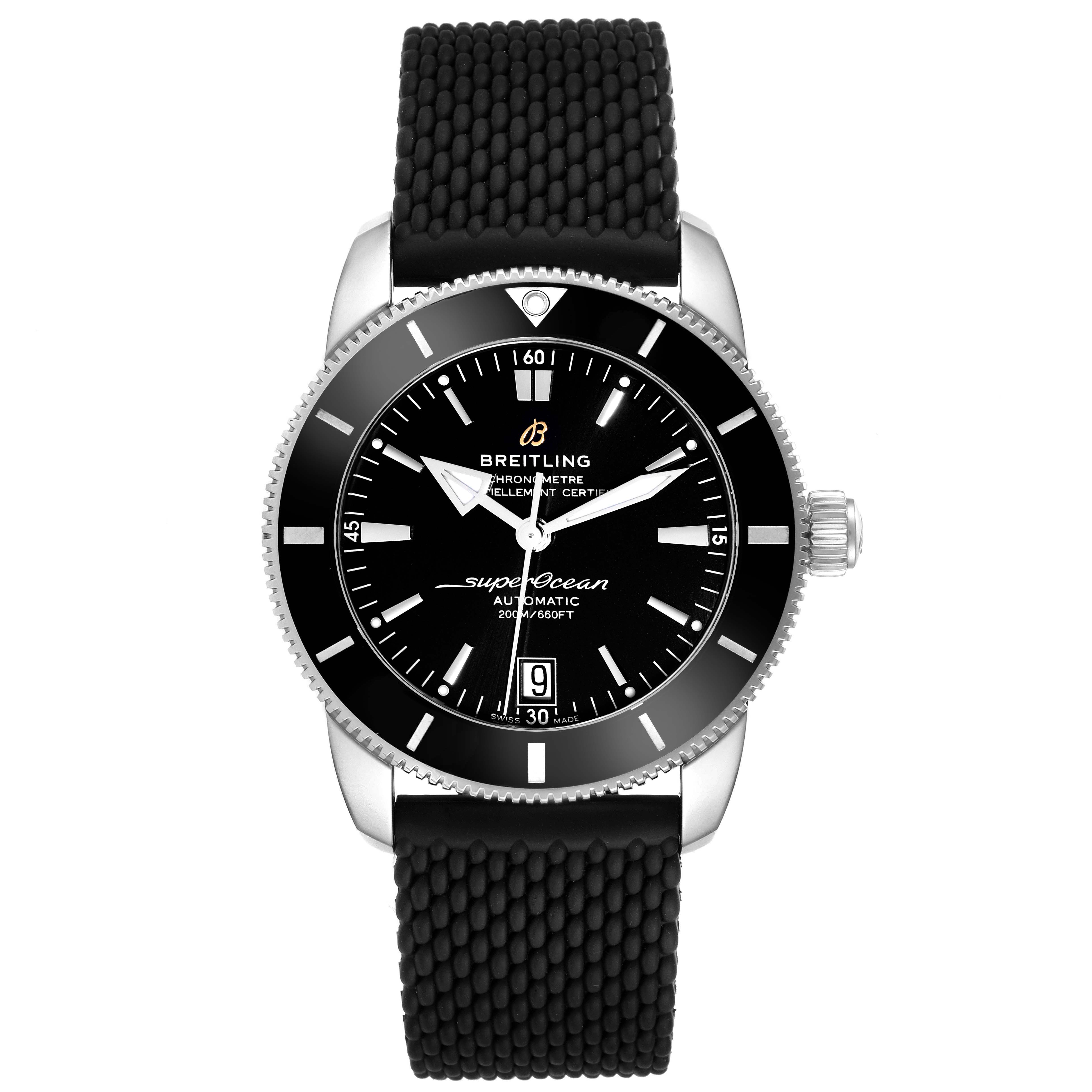 The image shows a front view of a Breitling Superocean AB2010 Men
s Stainless Steel Black Dial AB2010 Men
s Stainless Steel Black Dial watch, featuring a black dial, bezel, and strap.