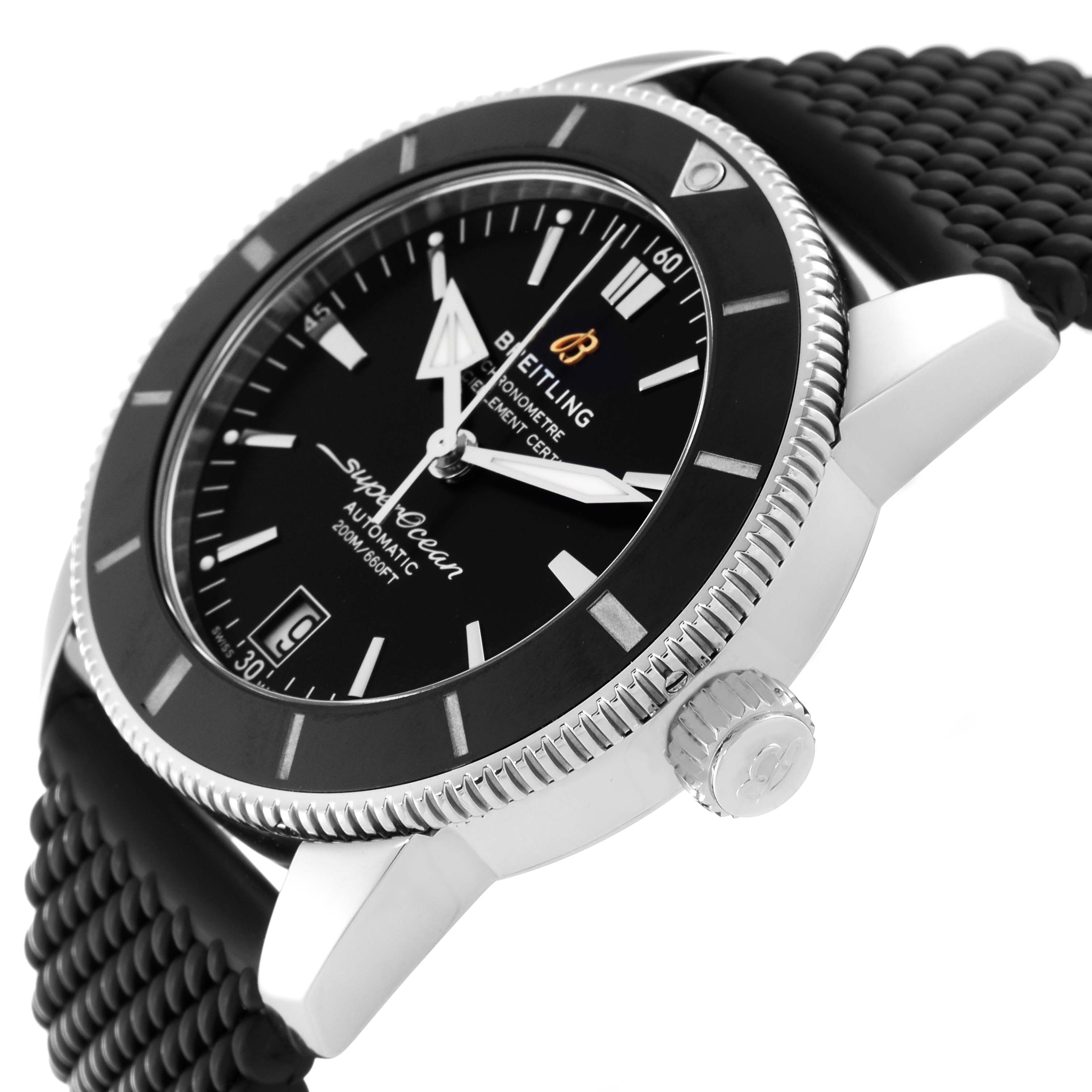 The image shows a side angle of the Breitling Superocean AB2010 Men
s Stainless Steel Black Dial AB2010 Men
s Stainless Steel Black Dial watch, highlighting the bezel, crown, and part of the strap.