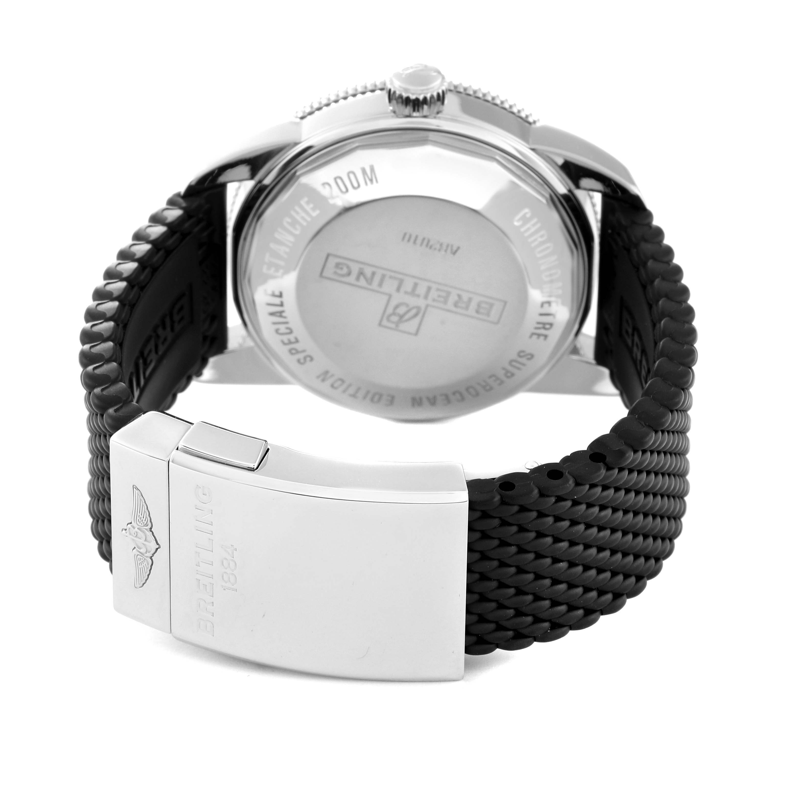 The image shows the back case and clasp of the Breitling Superocean AB2010 Men
s Stainless Steel Black Dial AB2010 Men
s Stainless Steel Black Dial watch, highlighting the branded engraving and rubber strap.