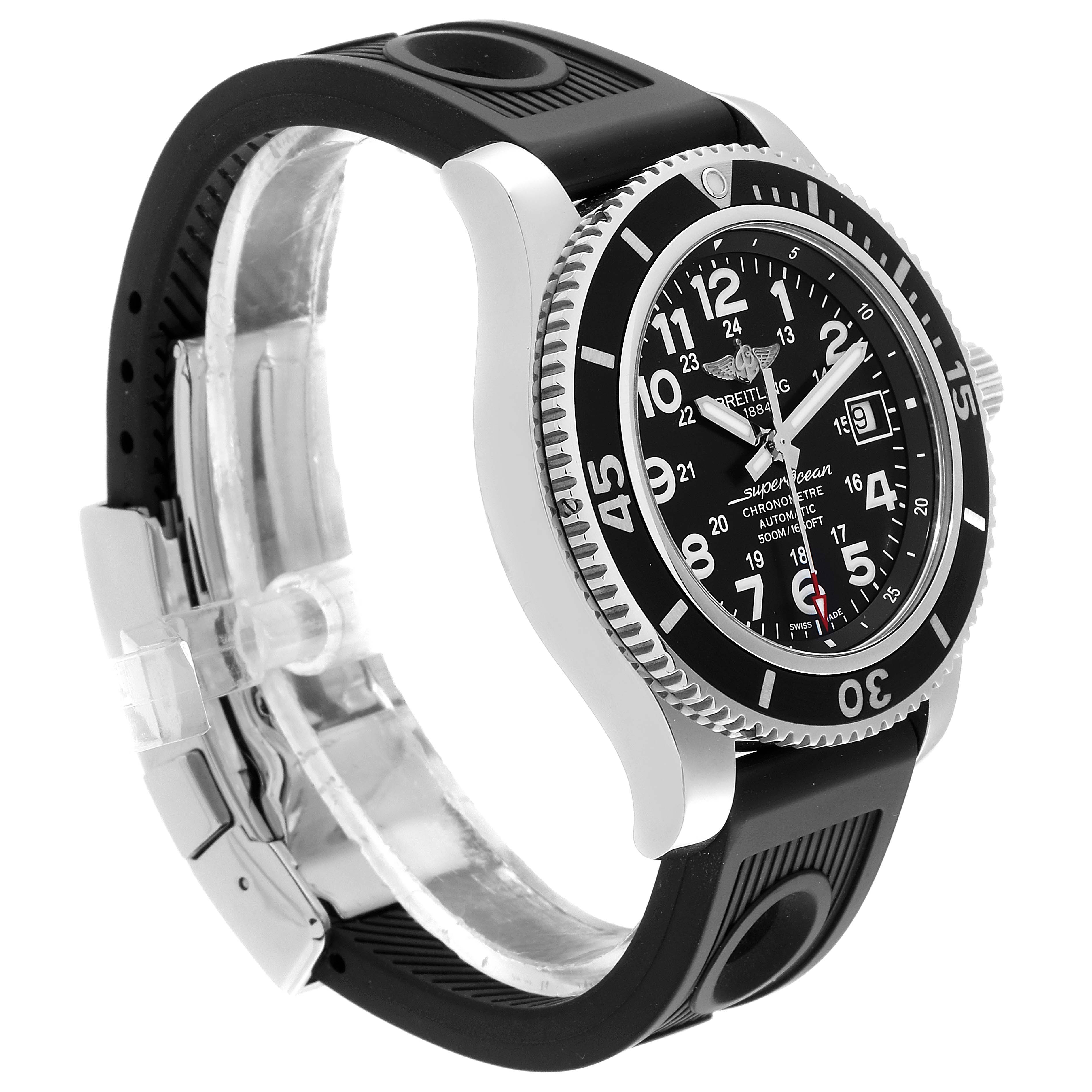The image shows the Breitling Superocean A17365 Men's Stainless Steel Black Dial A17365 Men's Stainless Steel Black Dial watch from a side angle, highlighting the black dial, bezel, and rubber strap.