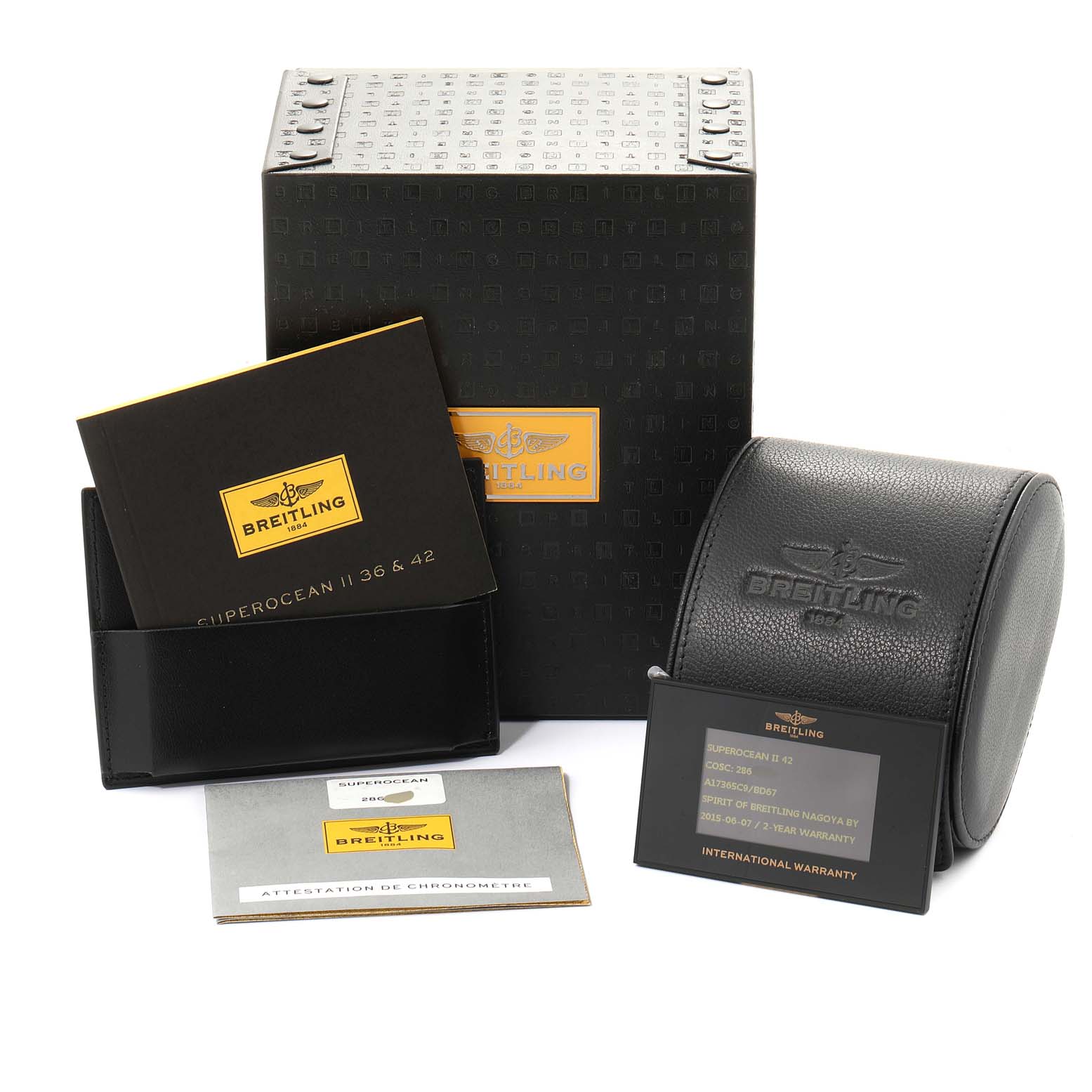 This image shows the packaging, manuals, warranty card, and leather case for the Breitling Superocean A17365 Men's Stainless Steel Black Dial A17365 Men's Stainless Steel Black Dial model.
