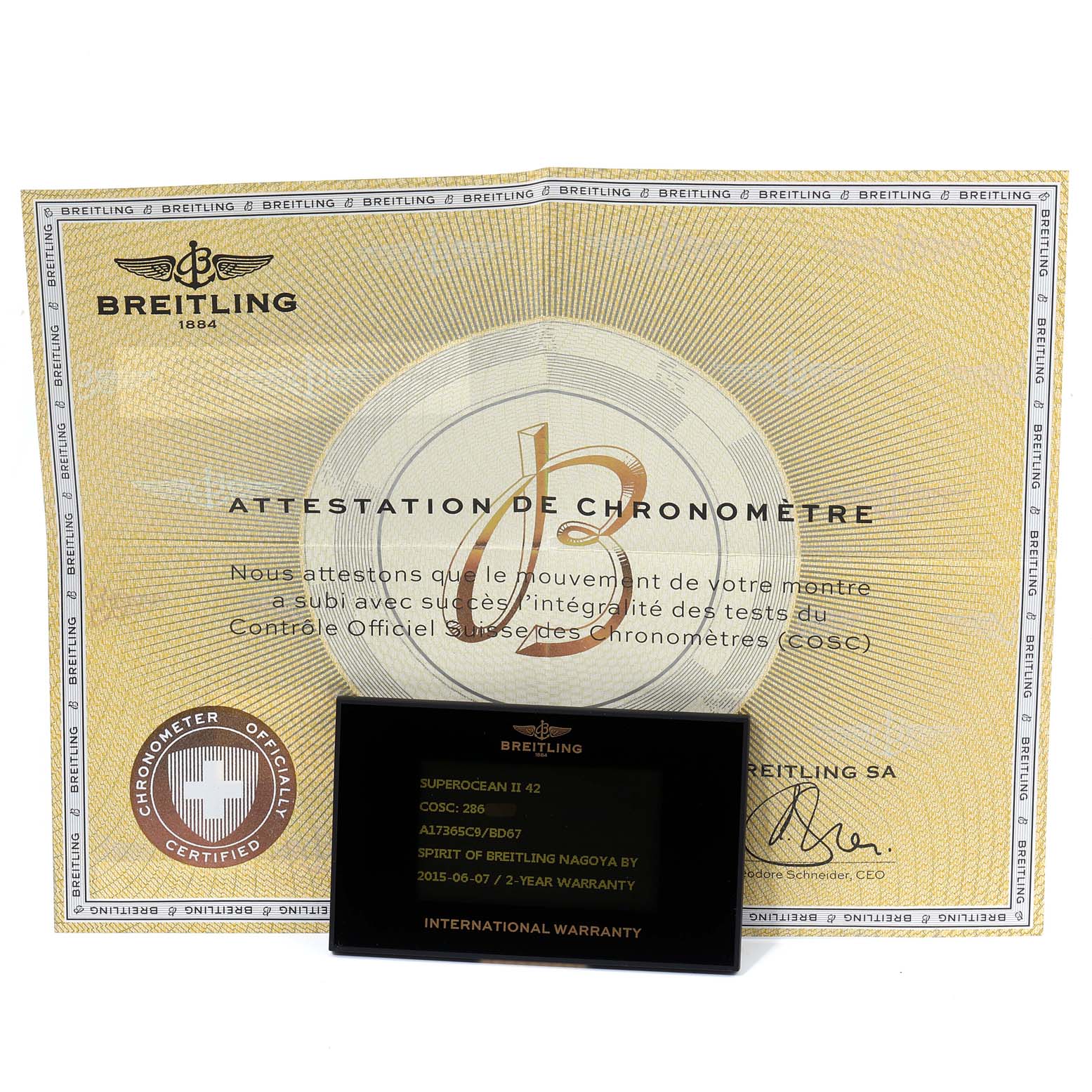 The image shows the warranty card and chronometer certificate for the Breitling Superocean A17365 Men's Stainless Steel Black Dial A17365 Men's Stainless Steel Black Dial II 42 model.