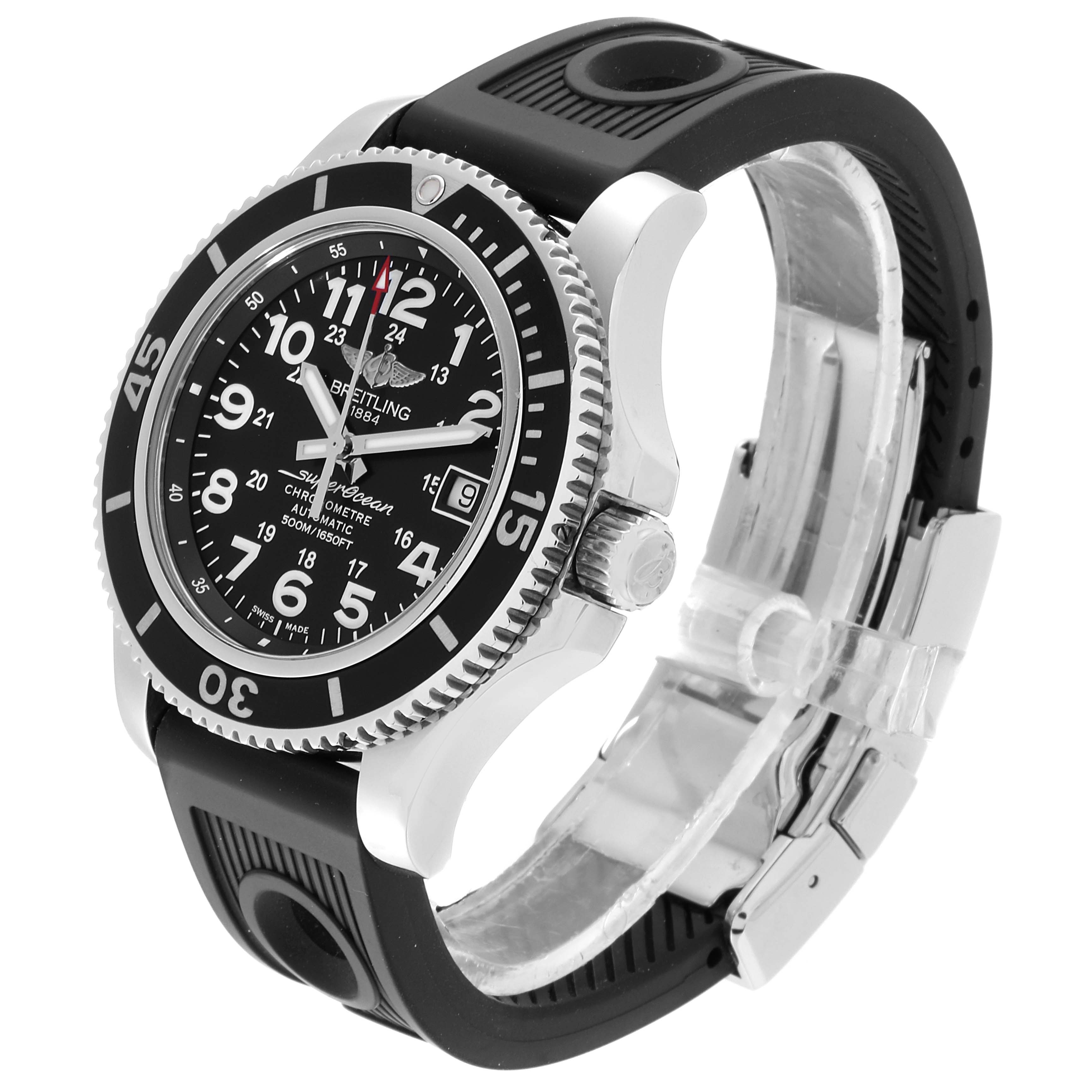 This image shows a Breitling Superocean A17365 Men's Stainless Steel Black Dial A17365 Men's Stainless Steel Black Dial watch angled from a side-front perspective, highlighting the dial, bezel, and rubber strap.