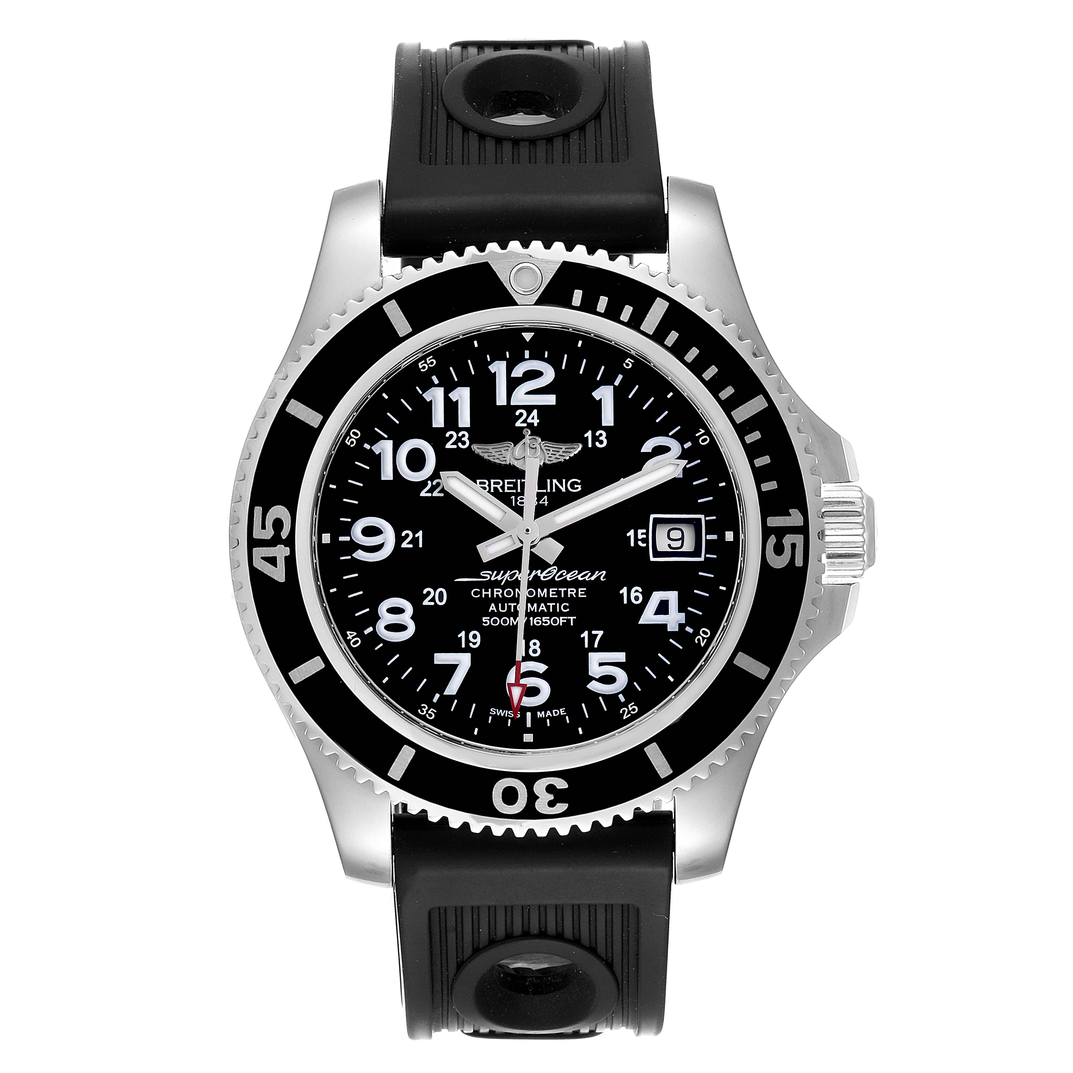 The image shows a front angle view of a Breitling Superocean A17365 Men's Stainless Steel Black Dial A17365 Men's Stainless Steel Black Dial watch featuring a black dial, numeric markers, a date window, and a rubber strap.