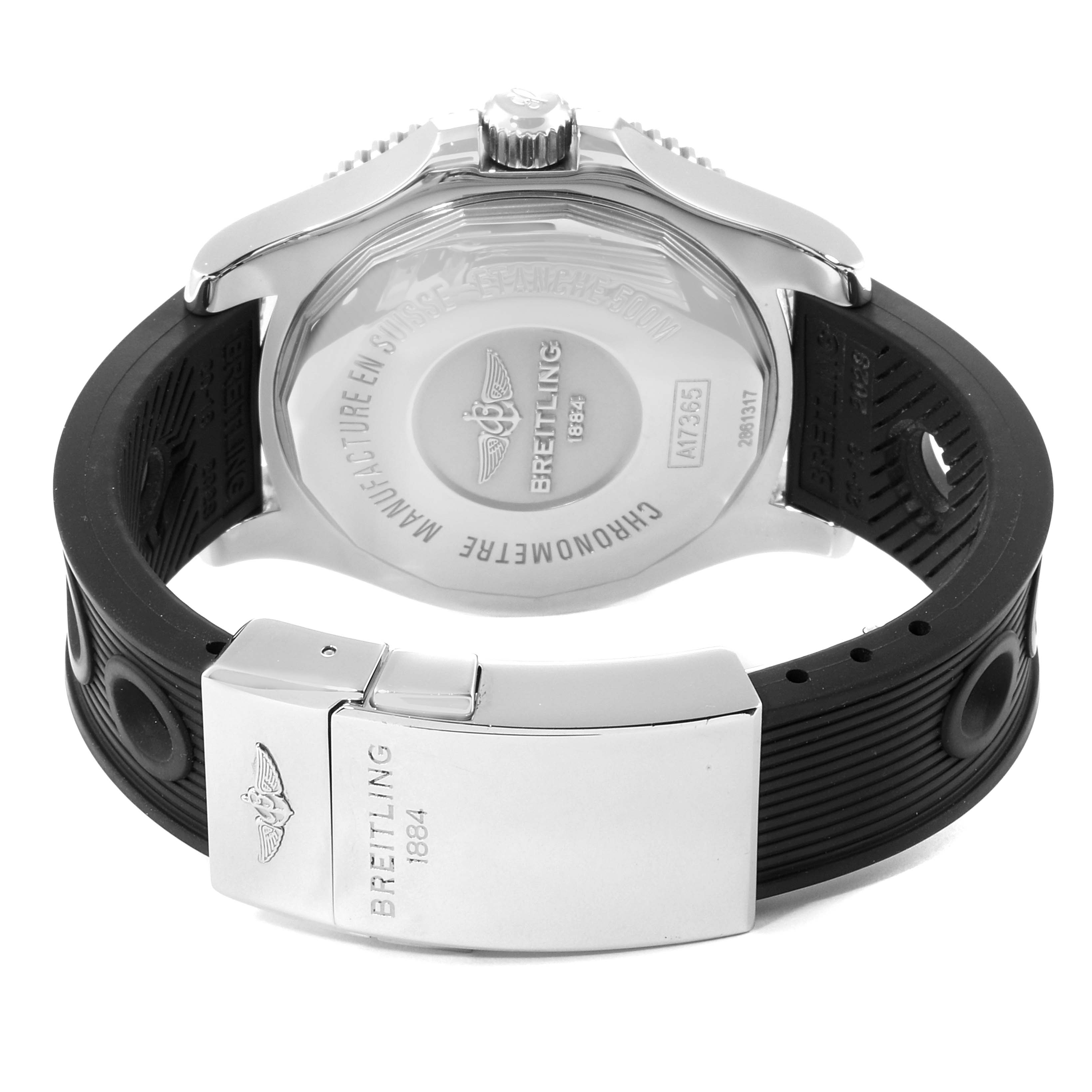 The image shows the back case and clasp of a Breitling Superocean A17365 Men's Stainless Steel Black Dial A17365 Men's Stainless Steel Black Dial watch, highlighting its rubber strap and metal clasp.