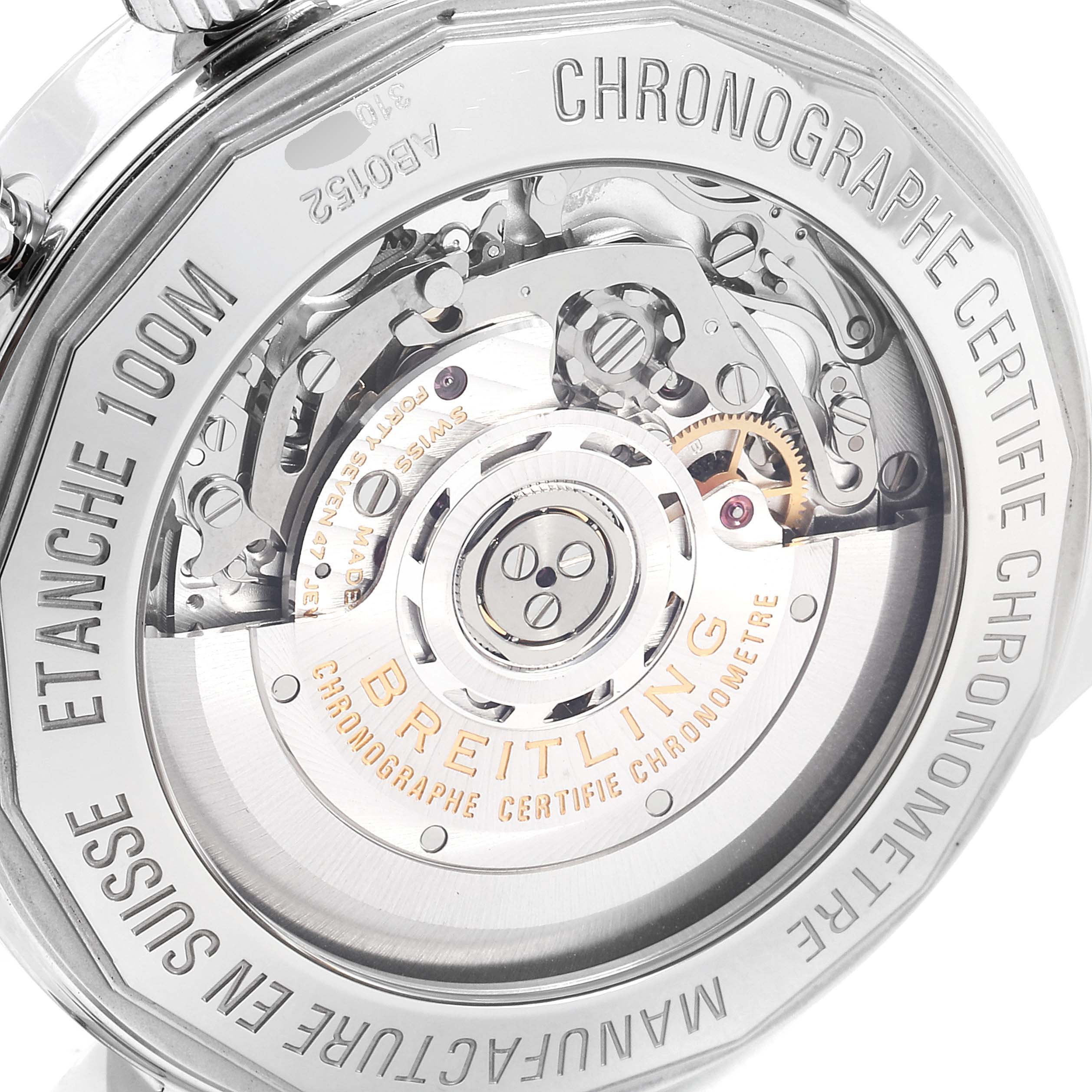 This image shows the back view of the Breitling Transocean AB015212/G724-743P Men's Stainless Steel Silver Dial AB015212/G724-743P Men's Stainless Steel Silver Dial watch, highlighting the visible movement and inner mechanics.