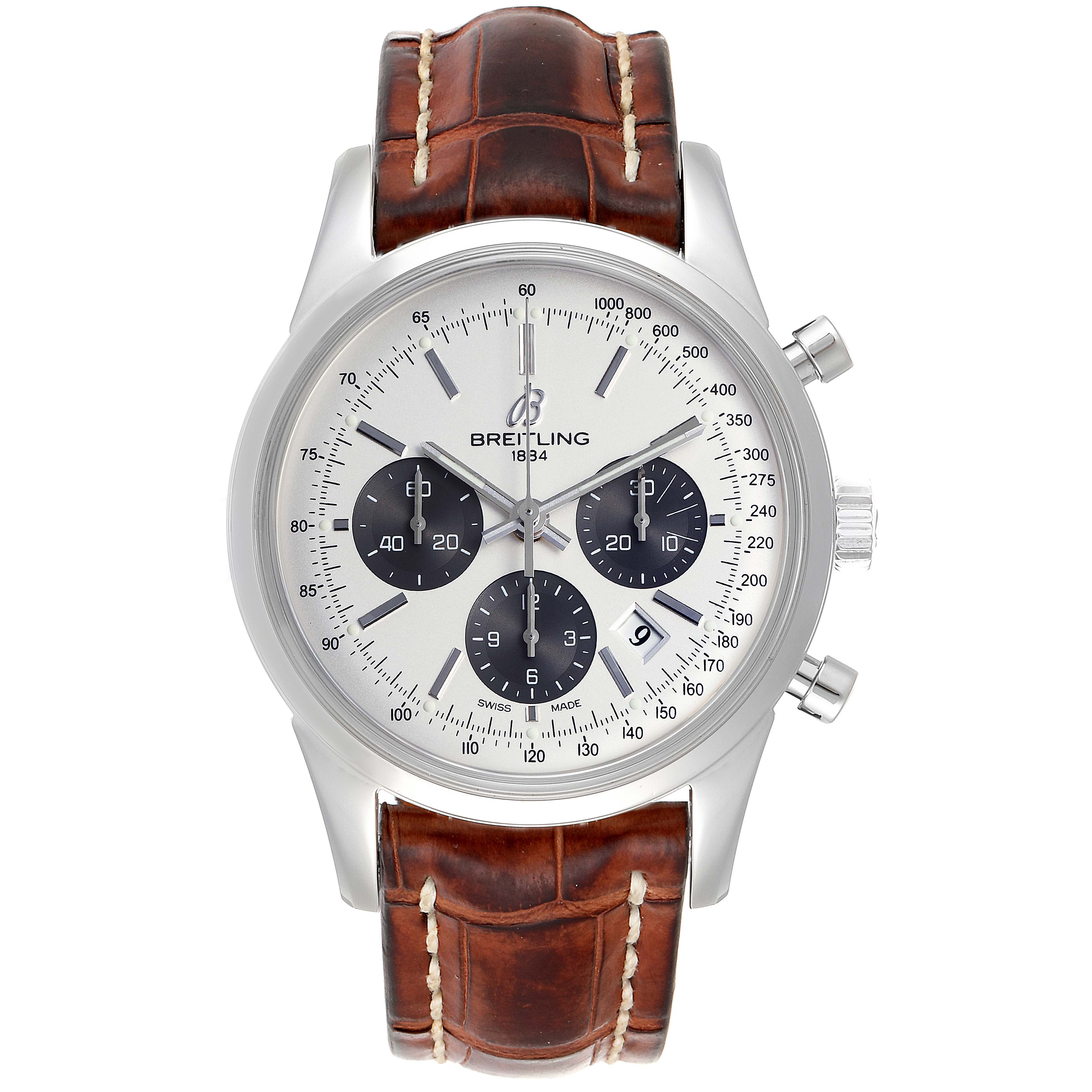 The image shows a front view of a Breitling Transocean AB015212/G724-743P Men's Stainless Steel Silver Dial AB015212/G724-743P Men's Stainless Steel Silver Dial watch with a brown leather strap and a silver dial with three sub-dials.