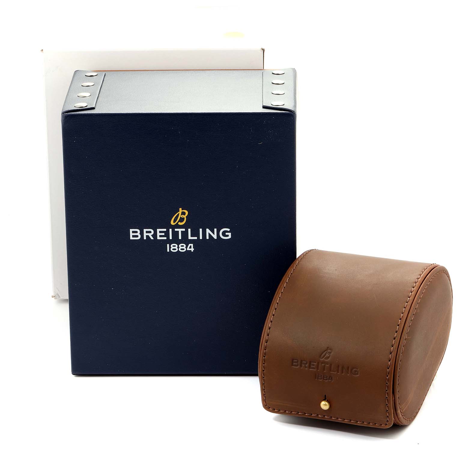 The image shows the packaging box and a leather carrying case for the Breitling Transocean AB015212/G724-743P Men's Stainless Steel Silver Dial AB015212/G724-743P Men's Stainless Steel Silver Dial watch.