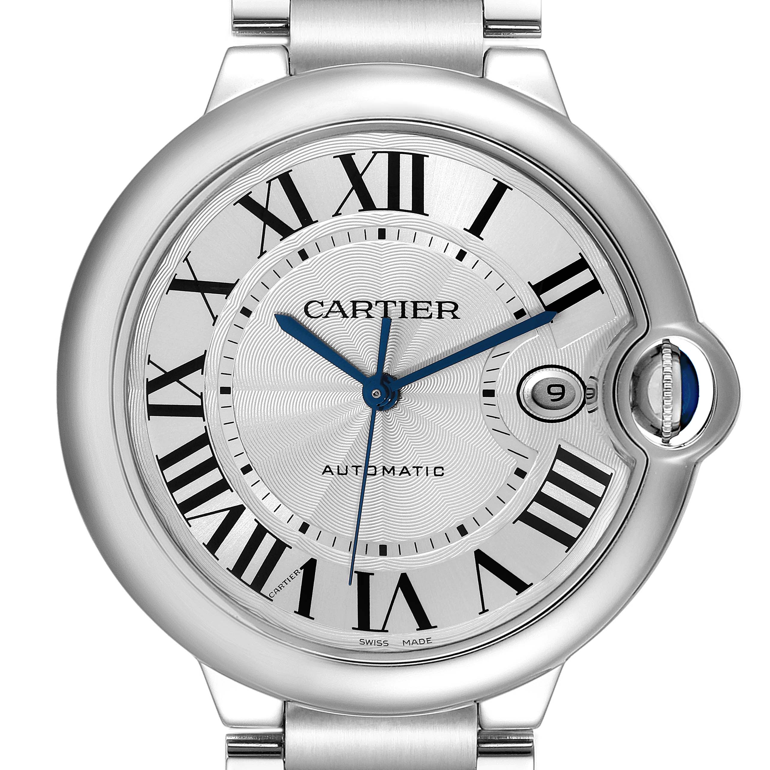 The image shows the face of a Cartier Ballon Bleu W69012Z4 Men
s Stainless Steel Silver Dial W69012Z4 Men
s Stainless Steel Silver Dial watch, featuring its dial, Roman numerals, and date window.