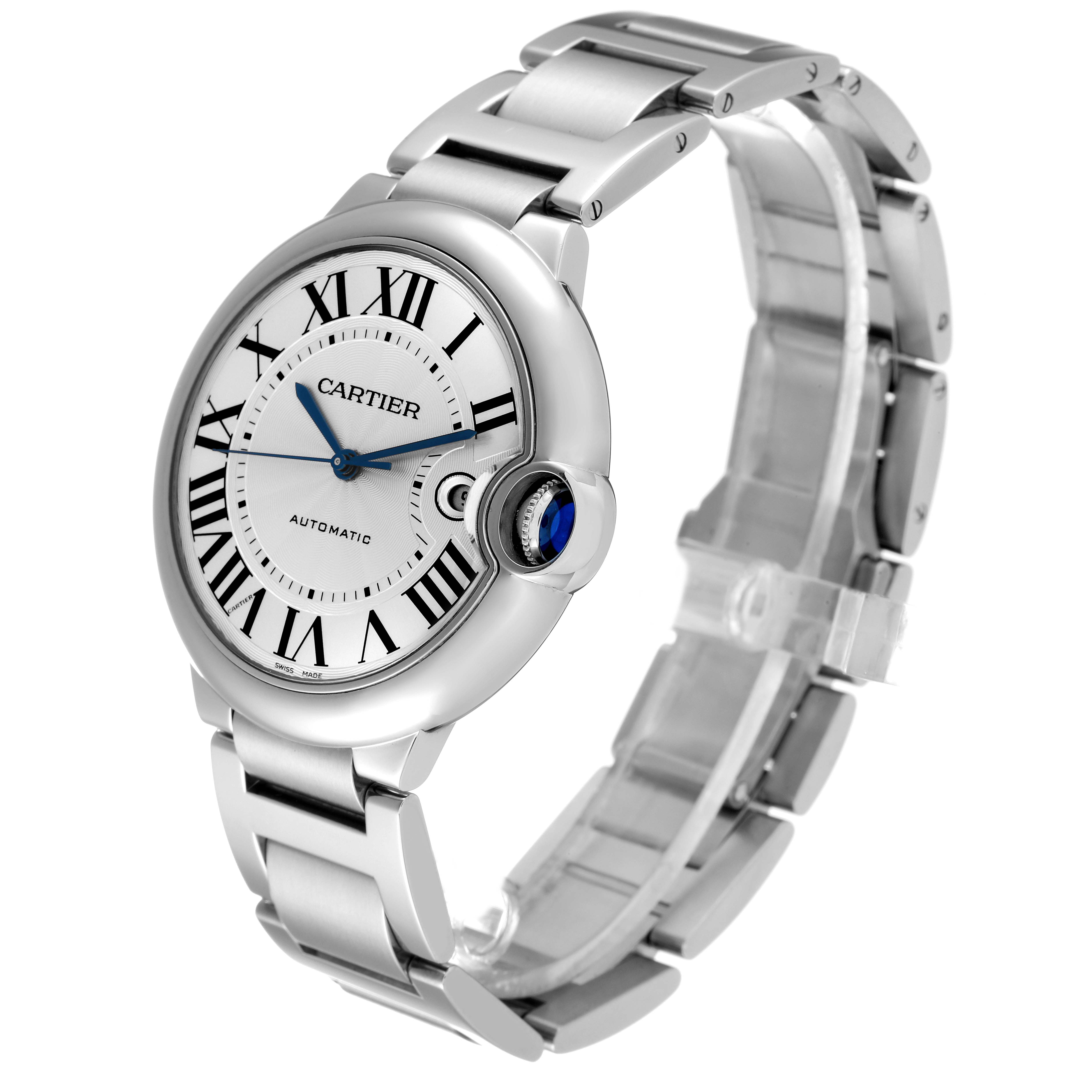 The image shows a side-angle view of the Cartier Ballon Bleu W69012Z4 Men
s Stainless Steel Silver Dial W69012Z4 Men
s Stainless Steel Silver Dial watch, highlighting the face, bezel, and bracelet.