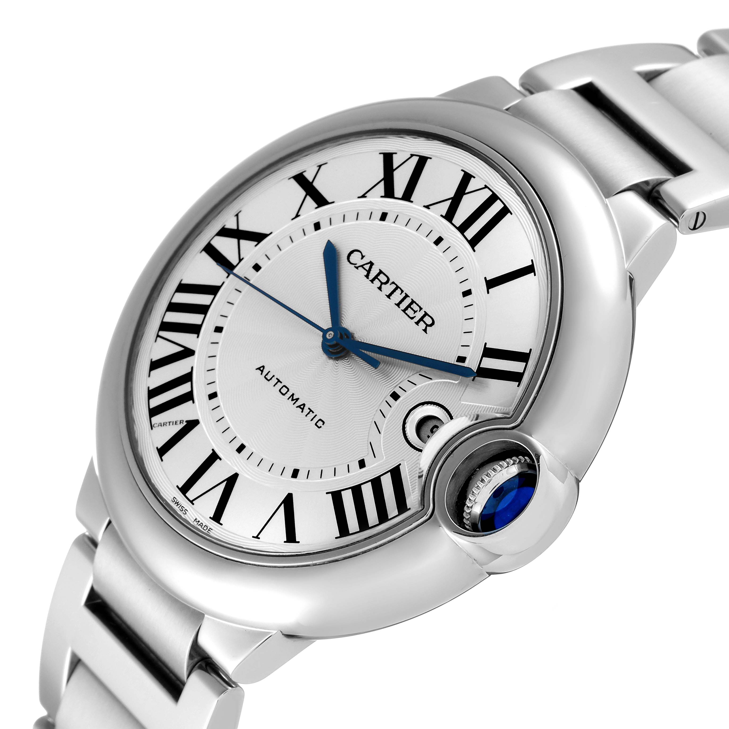The image shows a close-up, angled view of the Cartier Ballon Bleu W69012Z4 Men
s Stainless Steel Silver Dial W69012Z4 Men
s Stainless Steel Silver Dial watch, highlighting the dial, blue hands, Roman numerals, and crown.