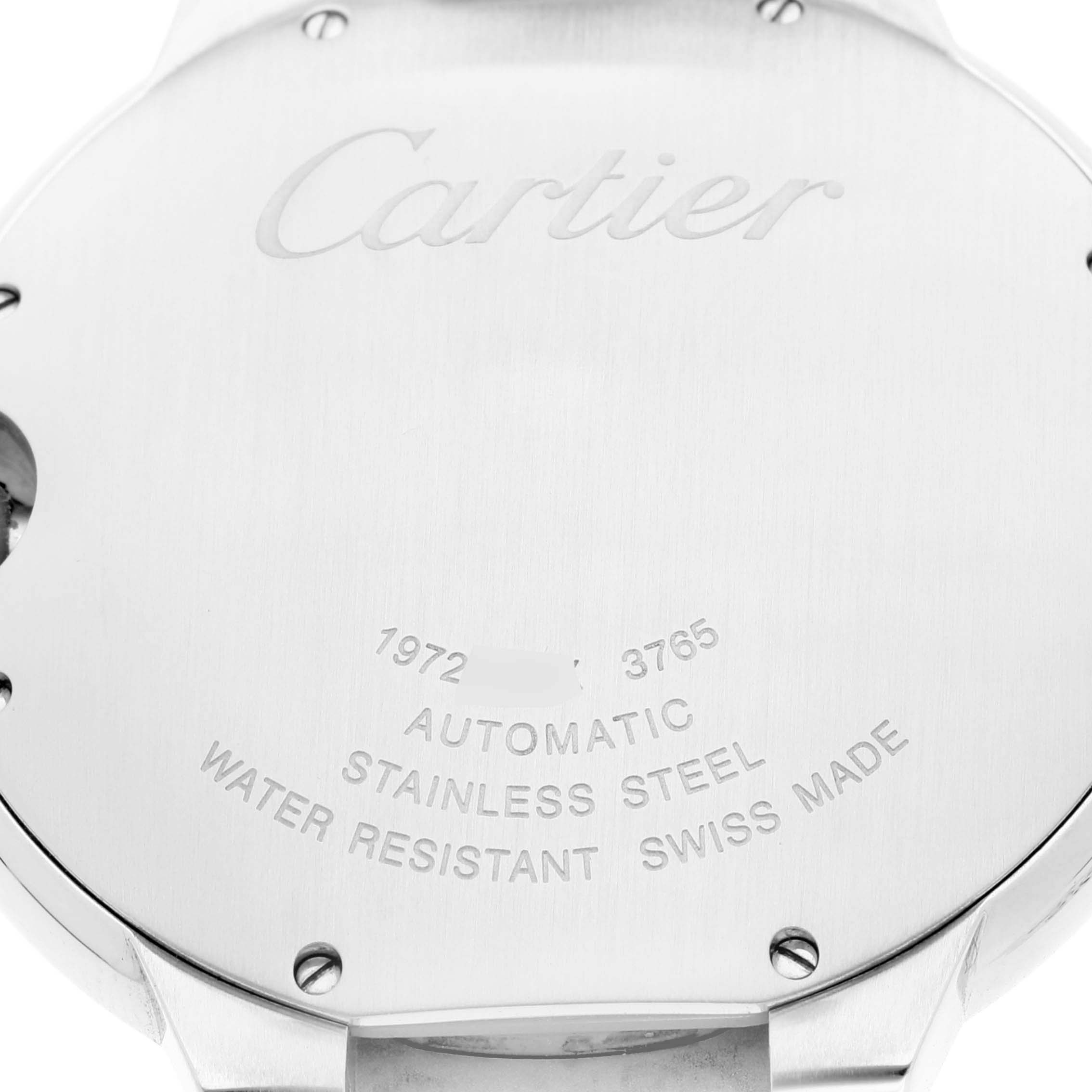 The image shows the back of the Ballon Bleu model by Cartier, revealing its engraved details and specifications.