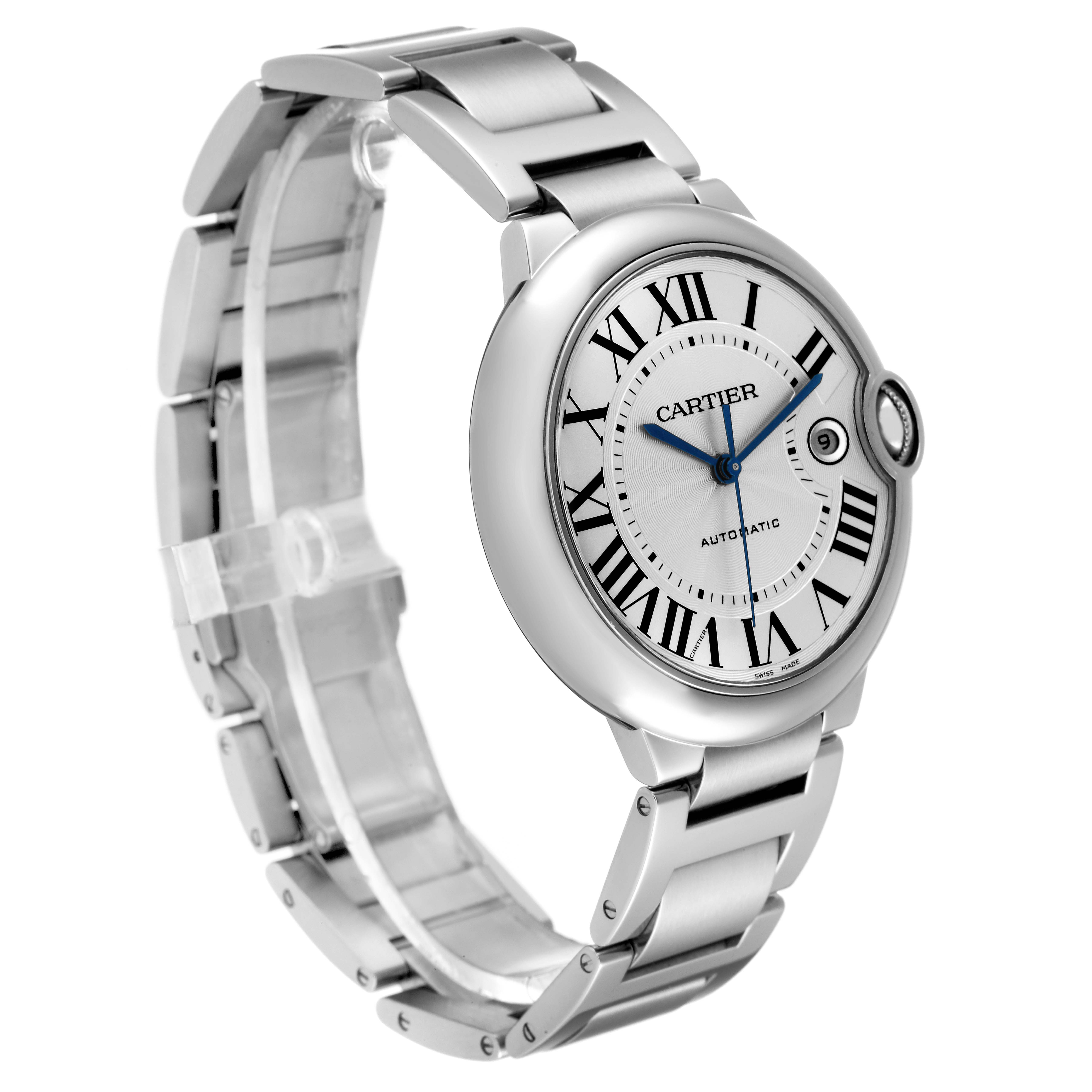 This Cartier Ballon Bleu W69012Z4 Men
s Stainless Steel Silver Dial W69012Z4 Men
s Stainless Steel Silver Dial watch is shown at an angled view, displaying its face, bracelet, and case.