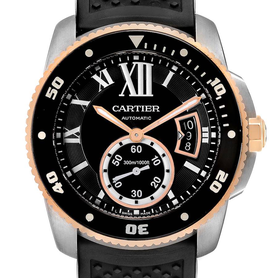 Cartier Calibre Diver Steel Rose Gold Rubber Strap Mens Watch W7100055  SwissWatchExpo