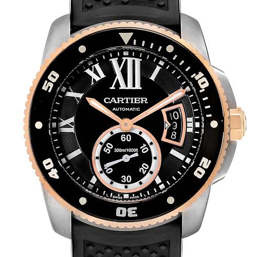 Photo of Cartier Calibre Diver Steel Rose Gold Rubber Strap Mens Watch W7100055 