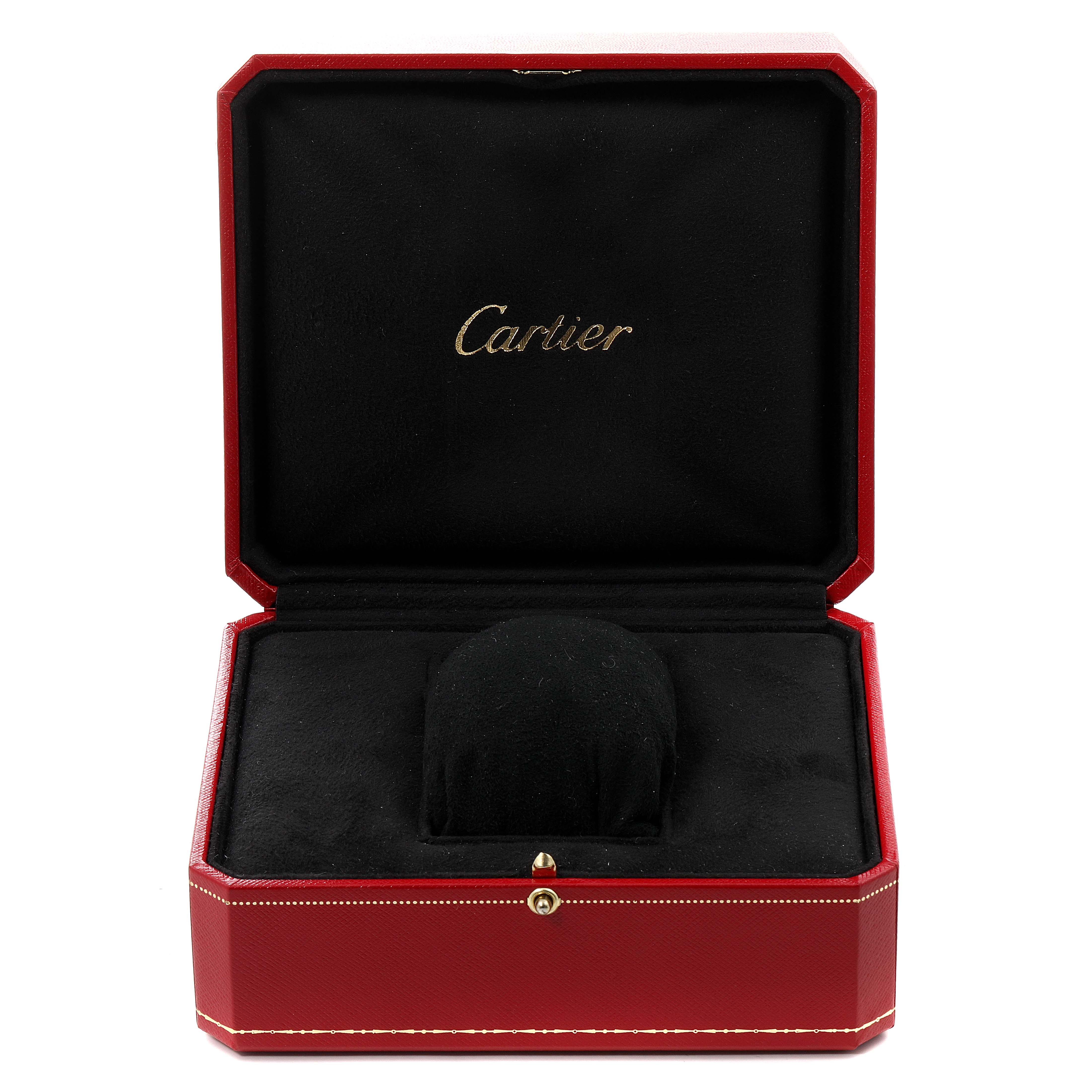 The image shows an empty Cartier watch box for the Calibre de Cartier model, viewed from the front with the lid open.