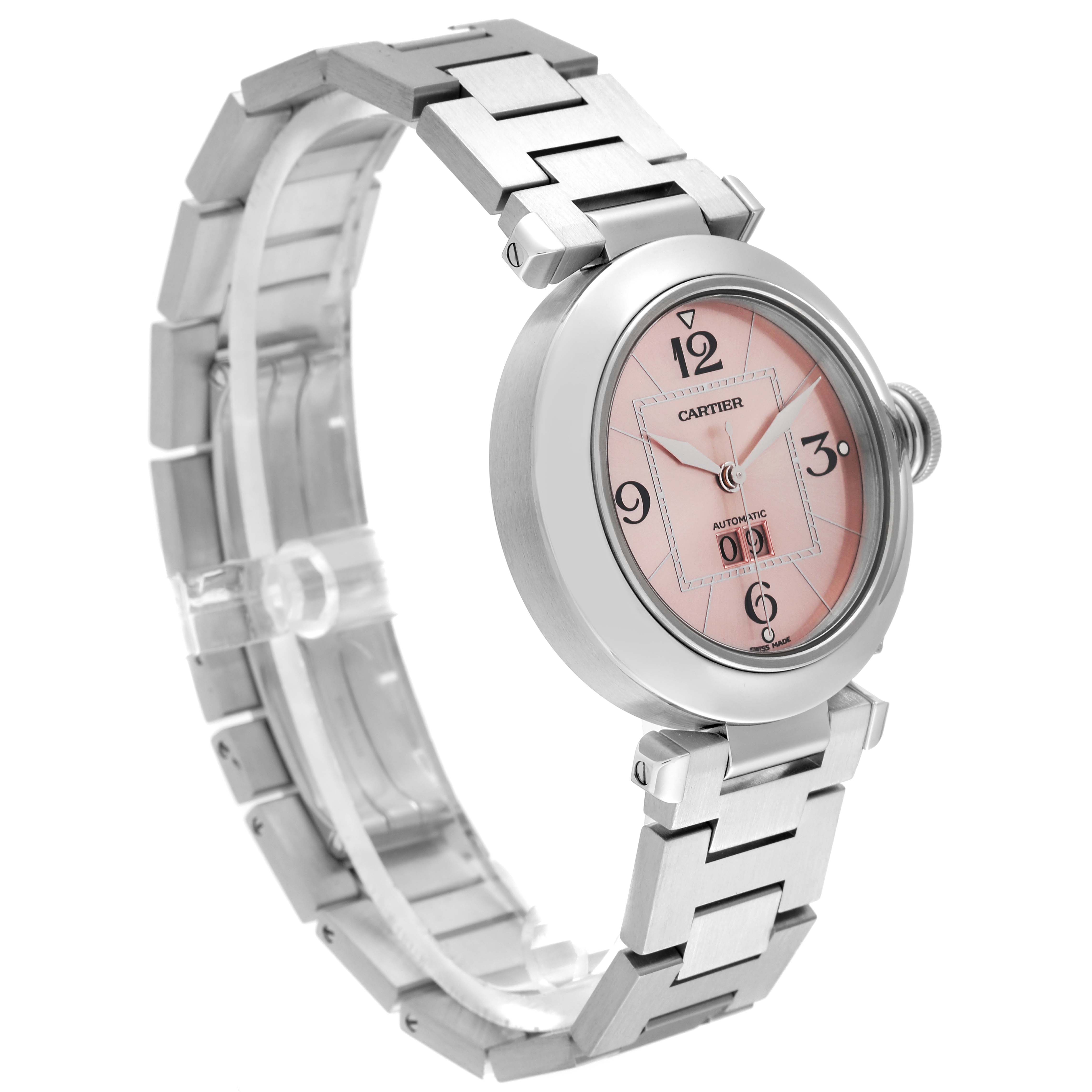 The Cartier Pasha W31058M7 Women's Stainless Steel Pink Dial W31058M7 Women's Stainless Steel Pink Dial model watch is shown at a slight side angle, highlighting the face, crown, and bracelet links.