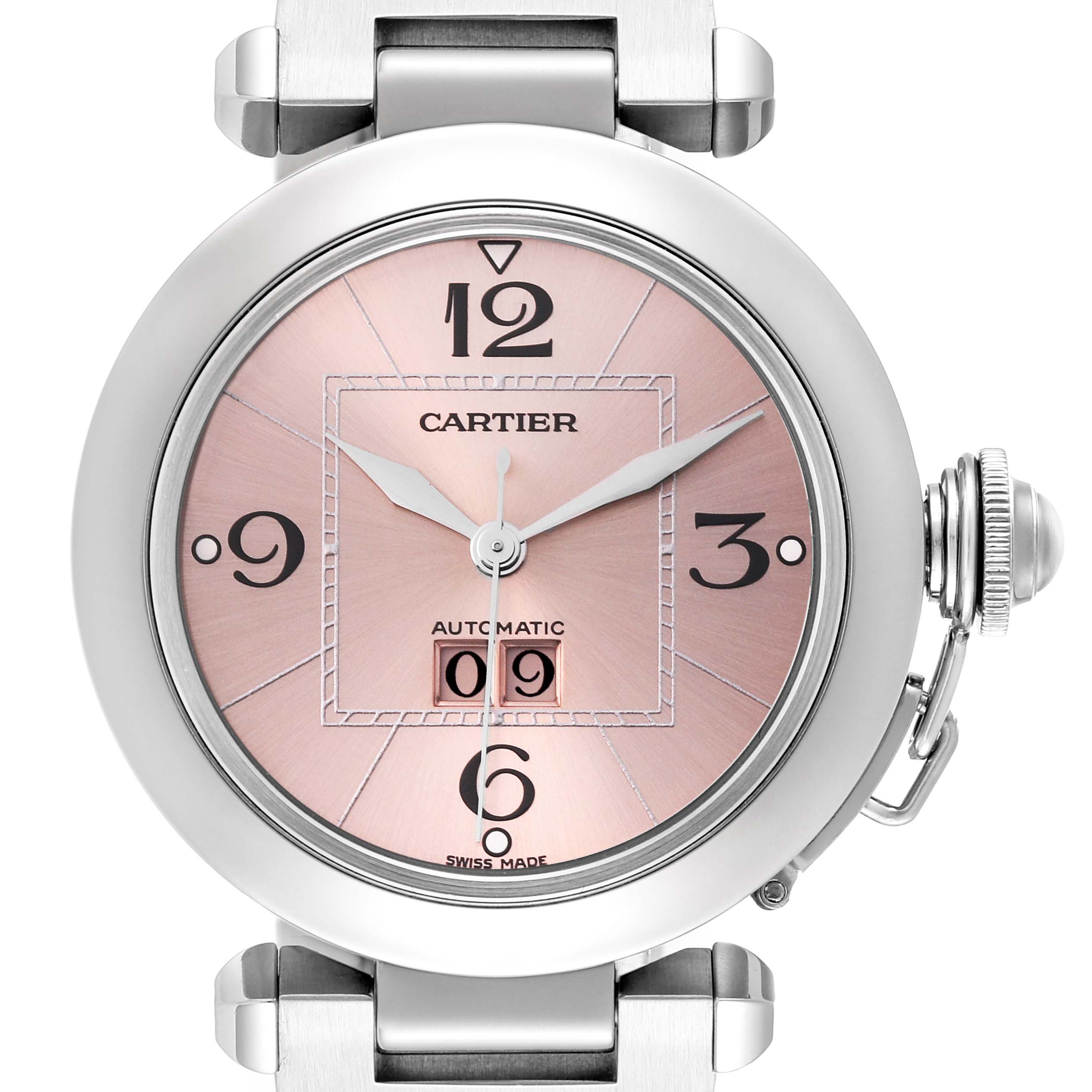 The image shows a front view of the Cartier Pasha W31058M7 Women's Stainless Steel Pink Dial W31058M7 Women's Stainless Steel Pink Dial watch, highlighting its dial, crown, and partial bracelet.