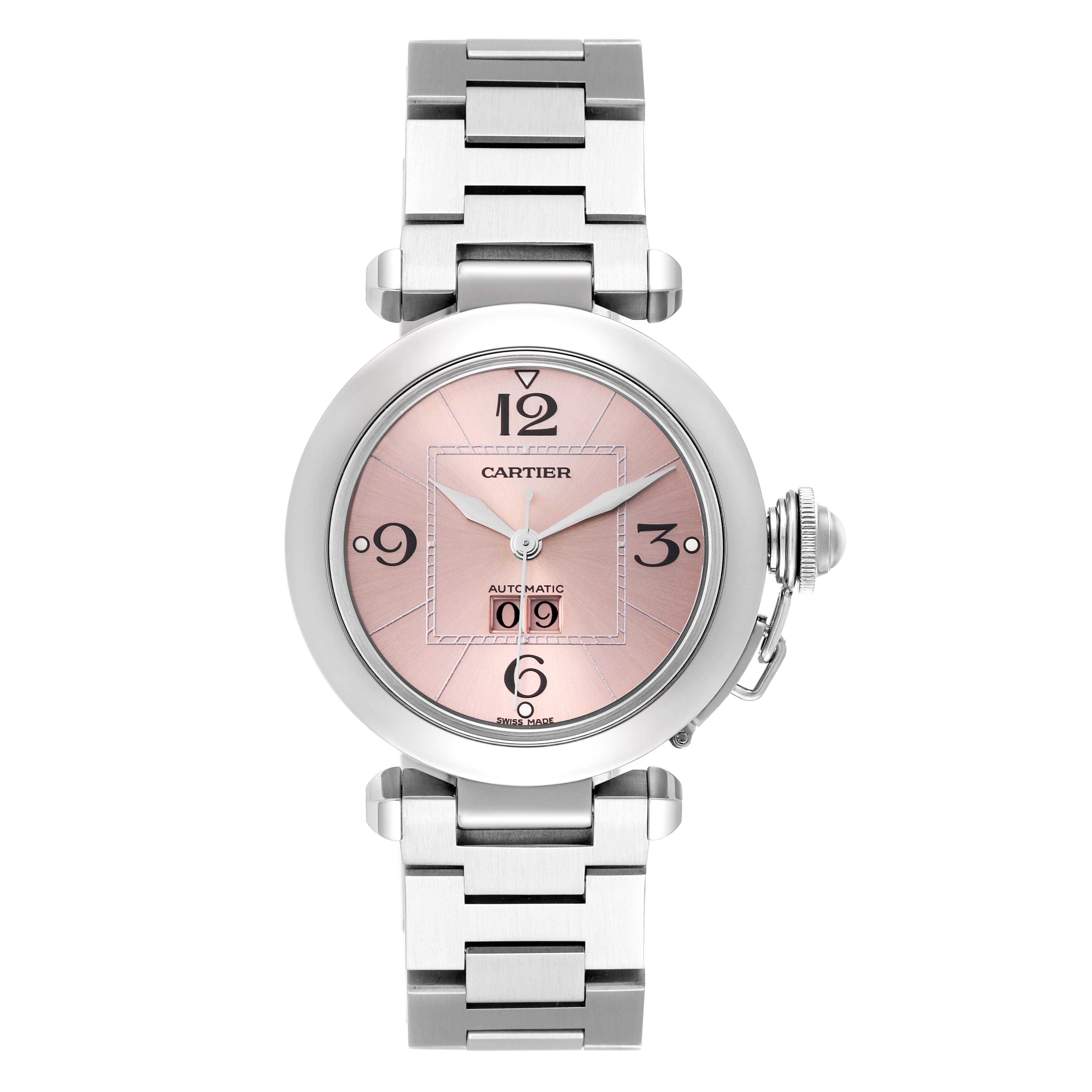 The image shows a Cartier Pasha W31058M7 Women's Stainless Steel Pink Dial W31058M7 Women's Stainless Steel Pink Dial model watch from a front angle, displaying the dial, hands, and bracelet.