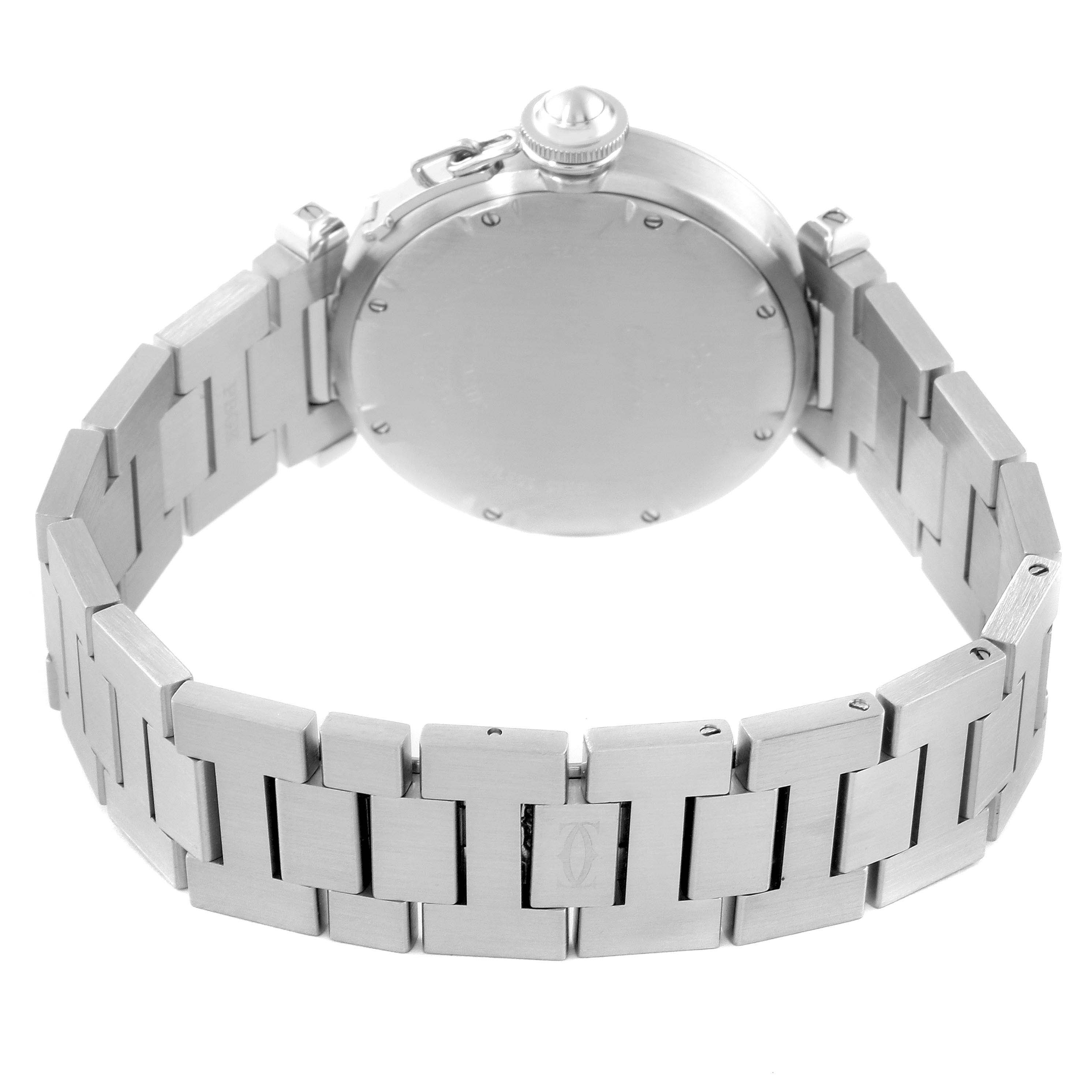 This image shows the back case and bracelet of the Cartier Pasha W31058M7 Women's Stainless Steel Pink Dial W31058M7 Women's Stainless Steel Pink Dial model watch, viewed from the rear.