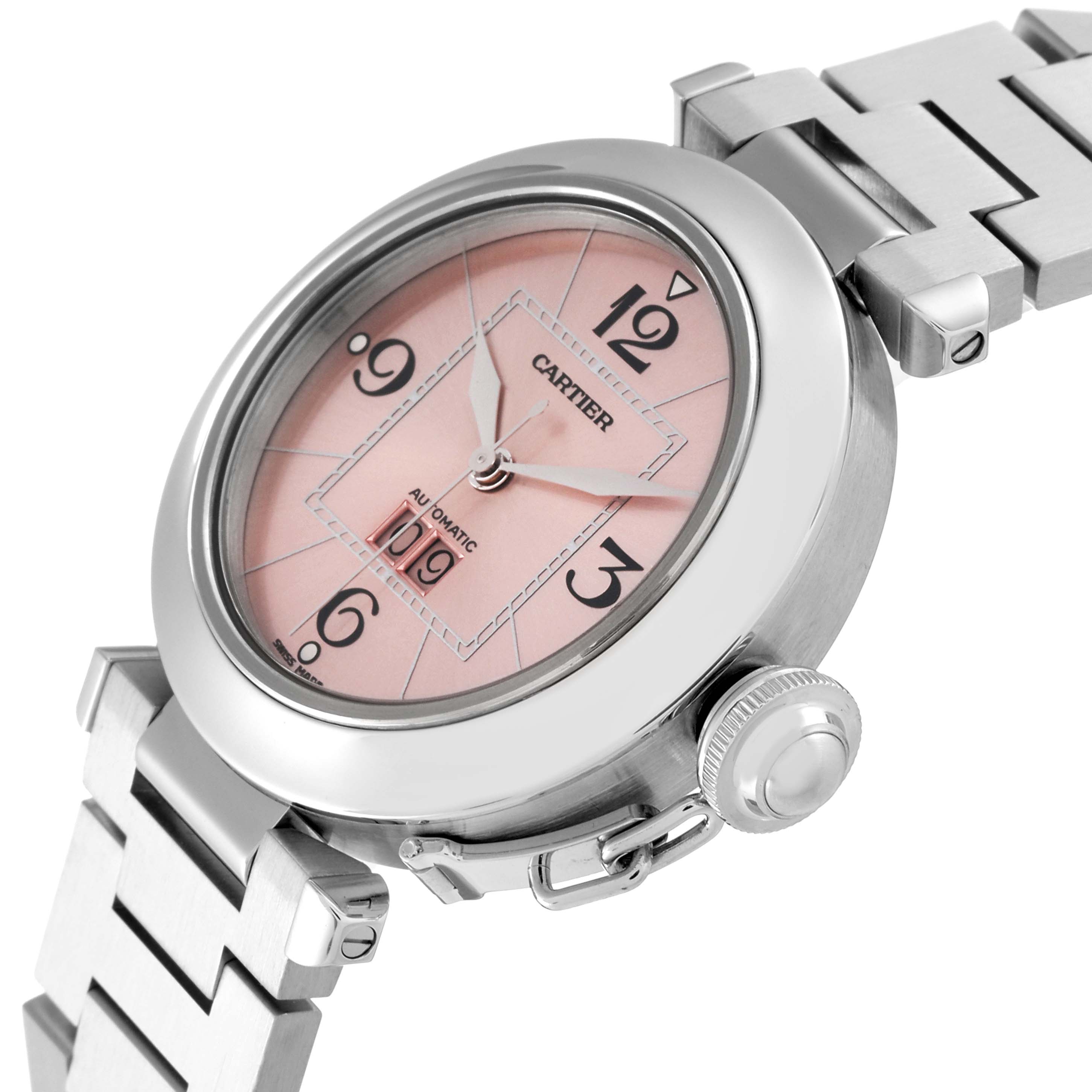 This Cartier Pasha W31058M7 Women's Stainless Steel Pink Dial W31058M7 Women's Stainless Steel Pink Dial watch is shown at a slight front angle, highlighting its case, dial, crown, and part of the bracelet.
