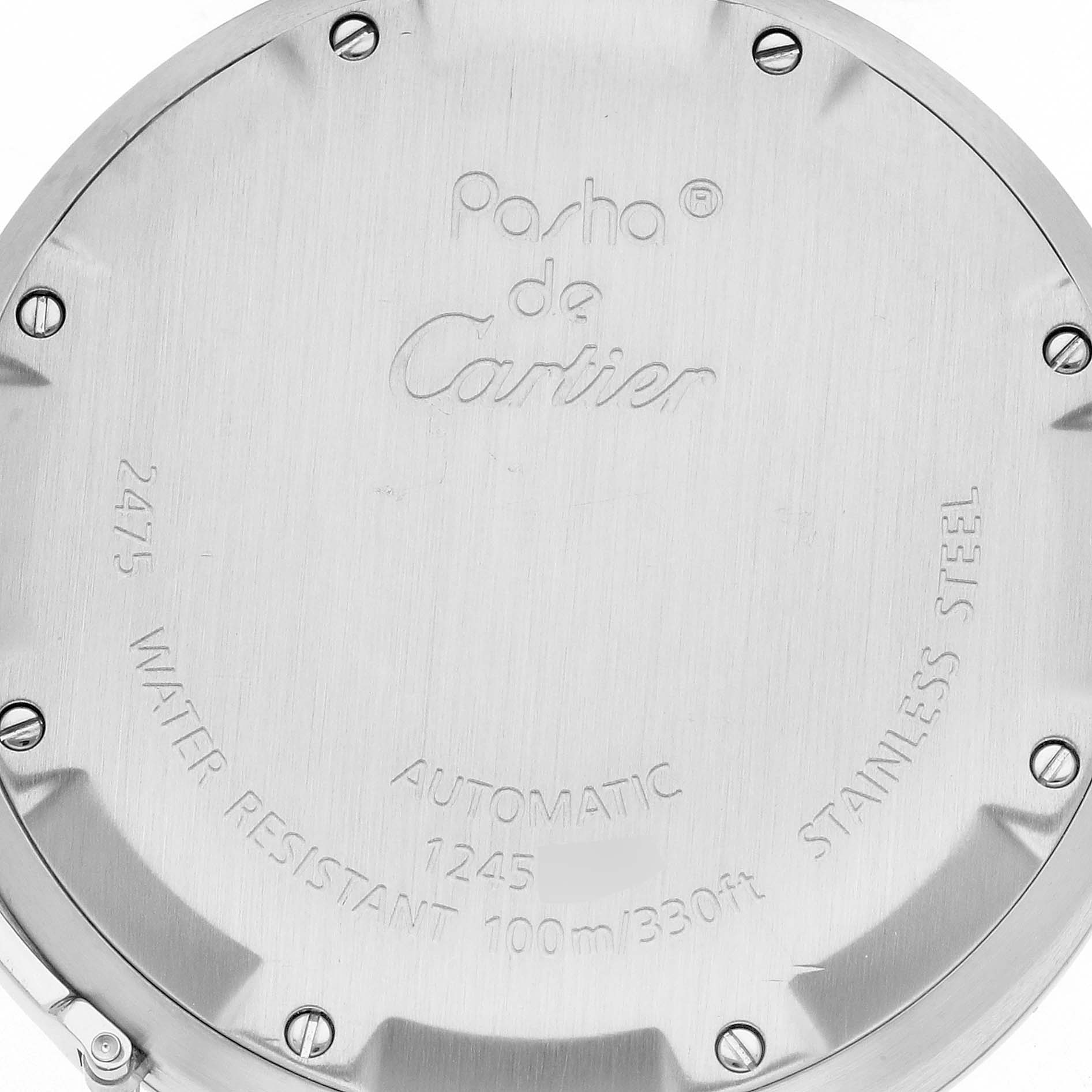 This image shows the back casing of a Cartier Pasha W31058M7 Women's Stainless Steel Pink Dial W31058M7 Women's Stainless Steel Pink Dial model watch, displaying the brand name, model details, and specifications.