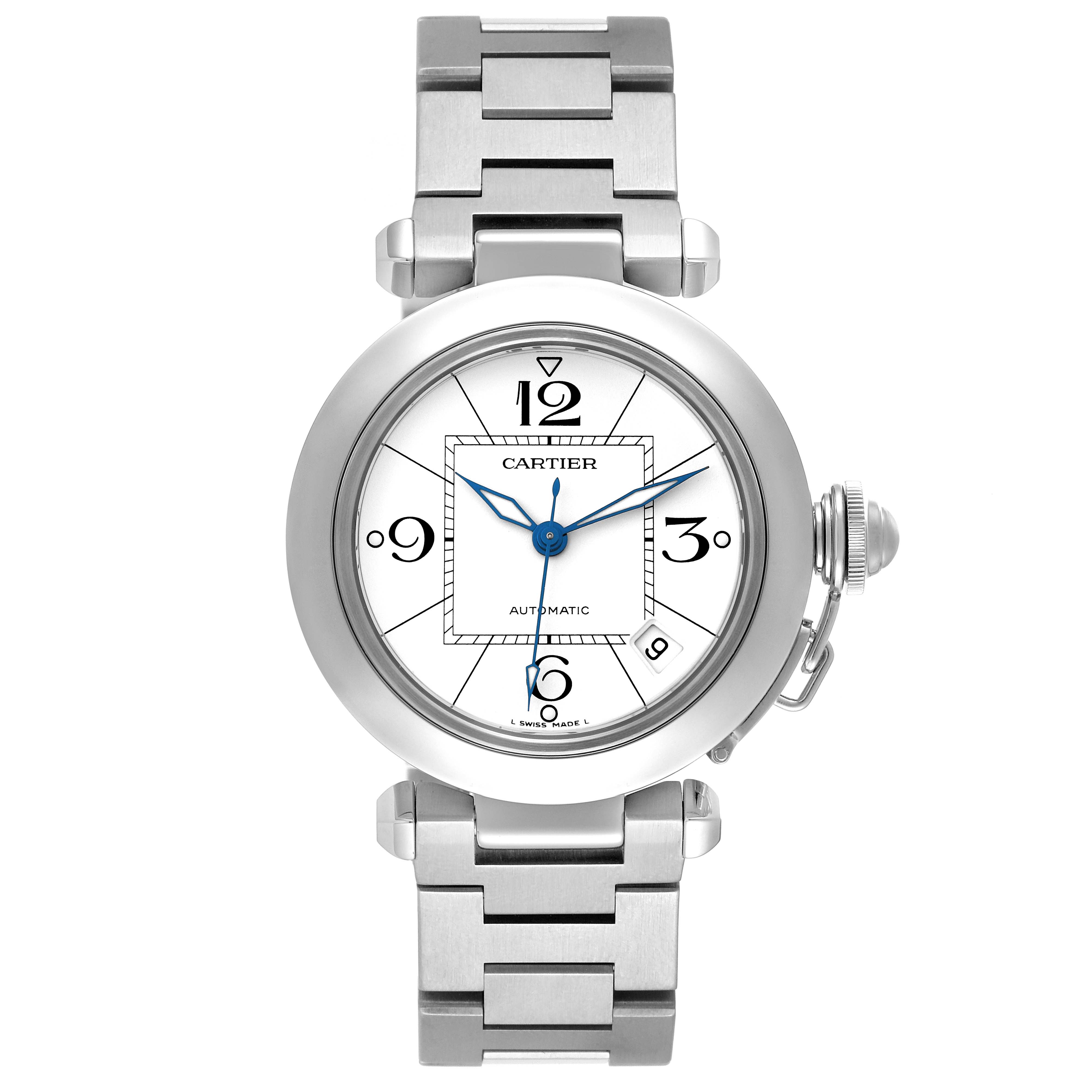 The image shows a front view of the Cartier Pasha W31074M7 Men's Stainless Steel White Dial W31074M7 Men's Stainless Steel White Dial model watch, featuring its dial, bracelet, and crown.