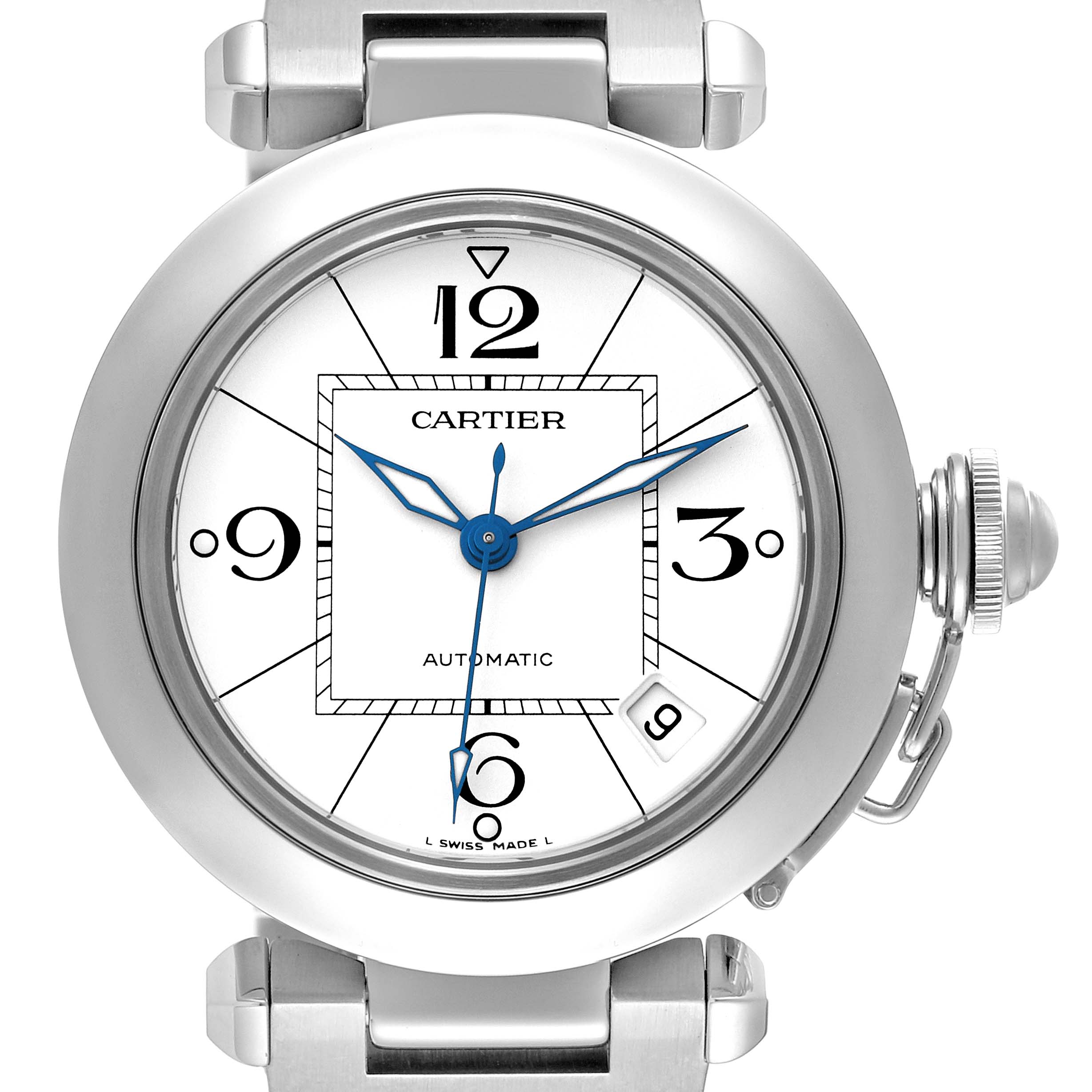 This Cartier Pasha W31074M7 Men's Stainless Steel White Dial W31074M7 Men's Stainless Steel White Dial watch is shown from a front angle, displaying its round dial, blue hands, date window, and crown.