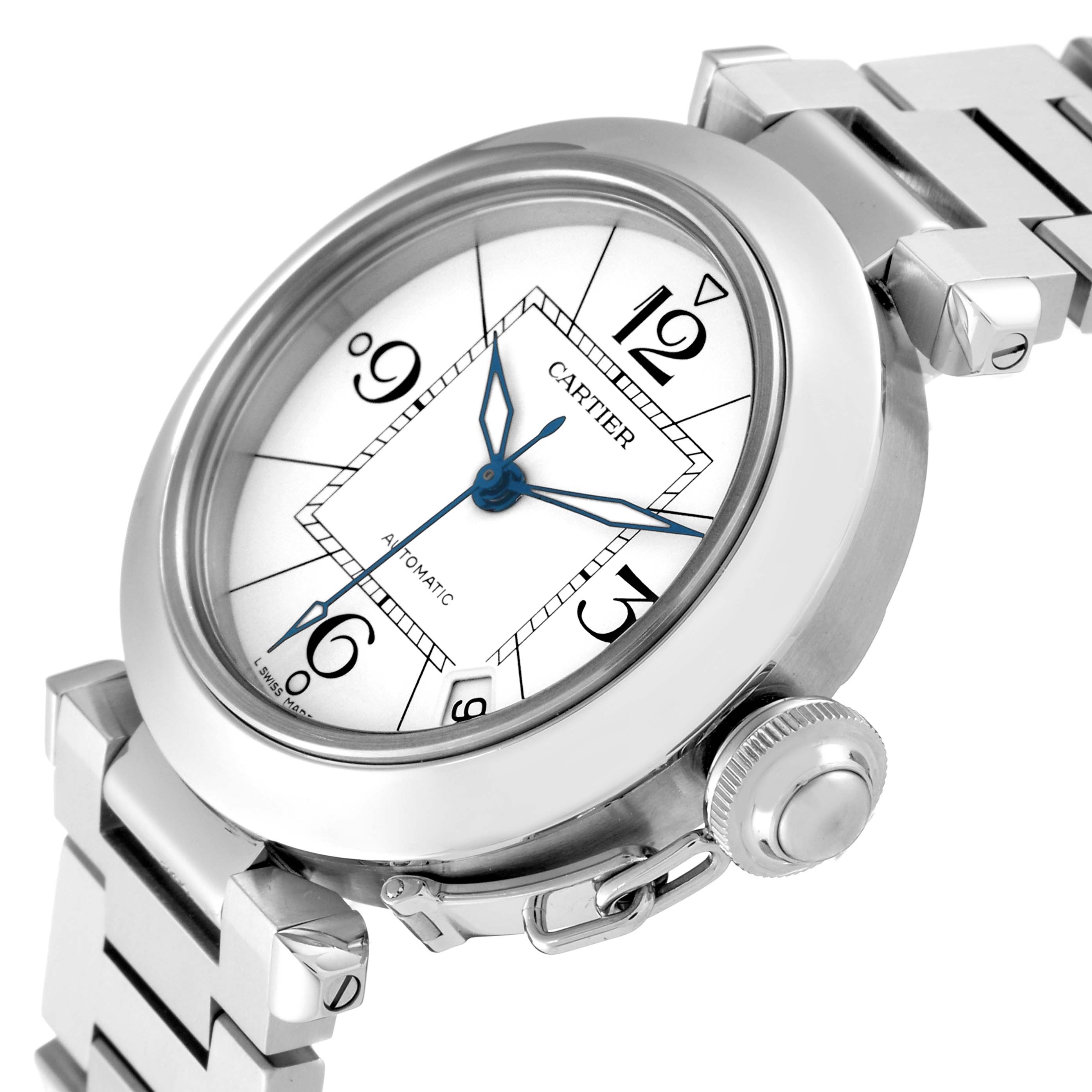 The Cartier Pasha W31074M7 Men's Stainless Steel White Dial W31074M7 Men's Stainless Steel White Dial watch is shown at a high angle, displaying the face, blue hands, crown, and part of the bracelet.