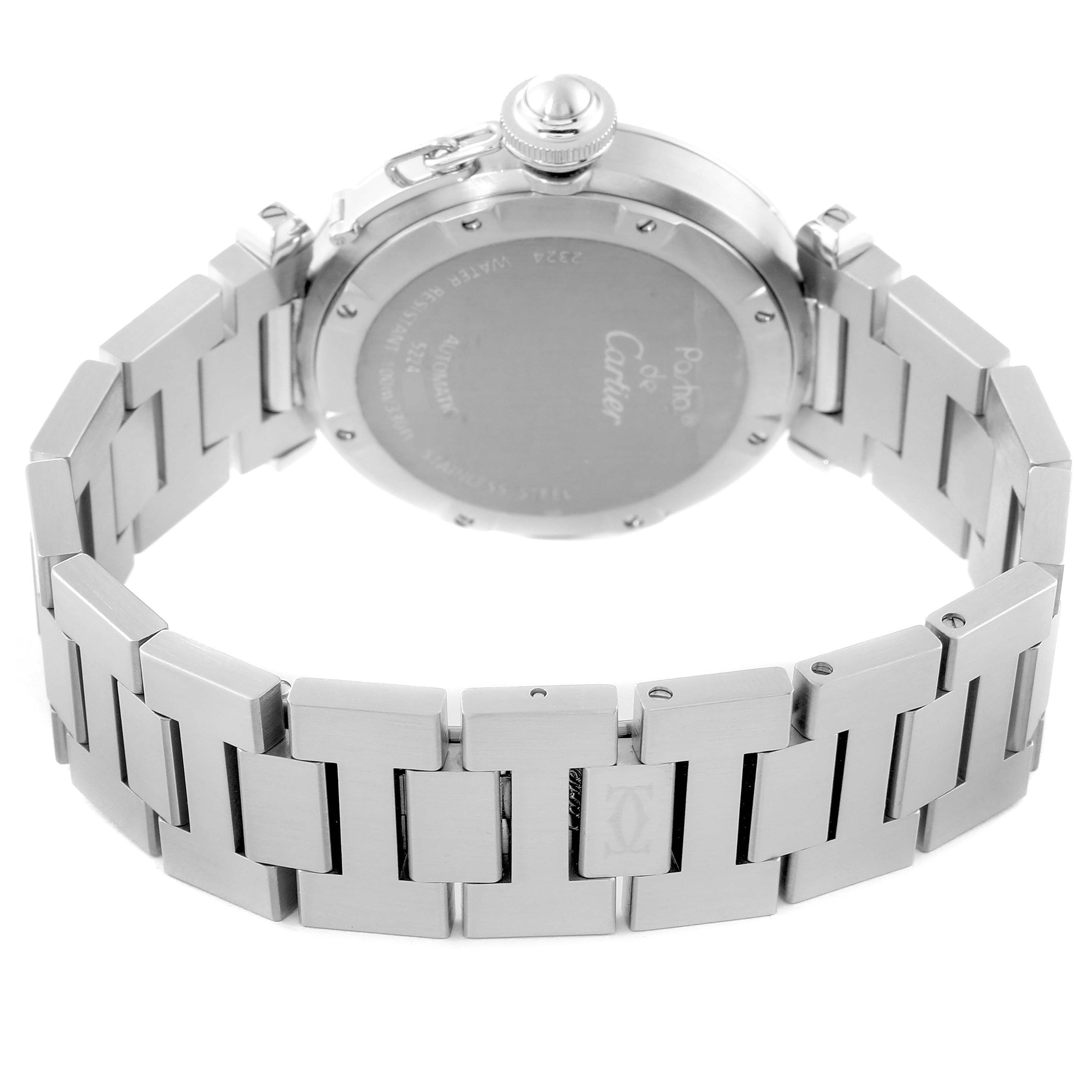 This photo displays the back case and bracelet of the Cartier Pasha W31074M7 Men's Stainless Steel White Dial W31074M7 Men's Stainless Steel White Dial model watch from a rear angle.