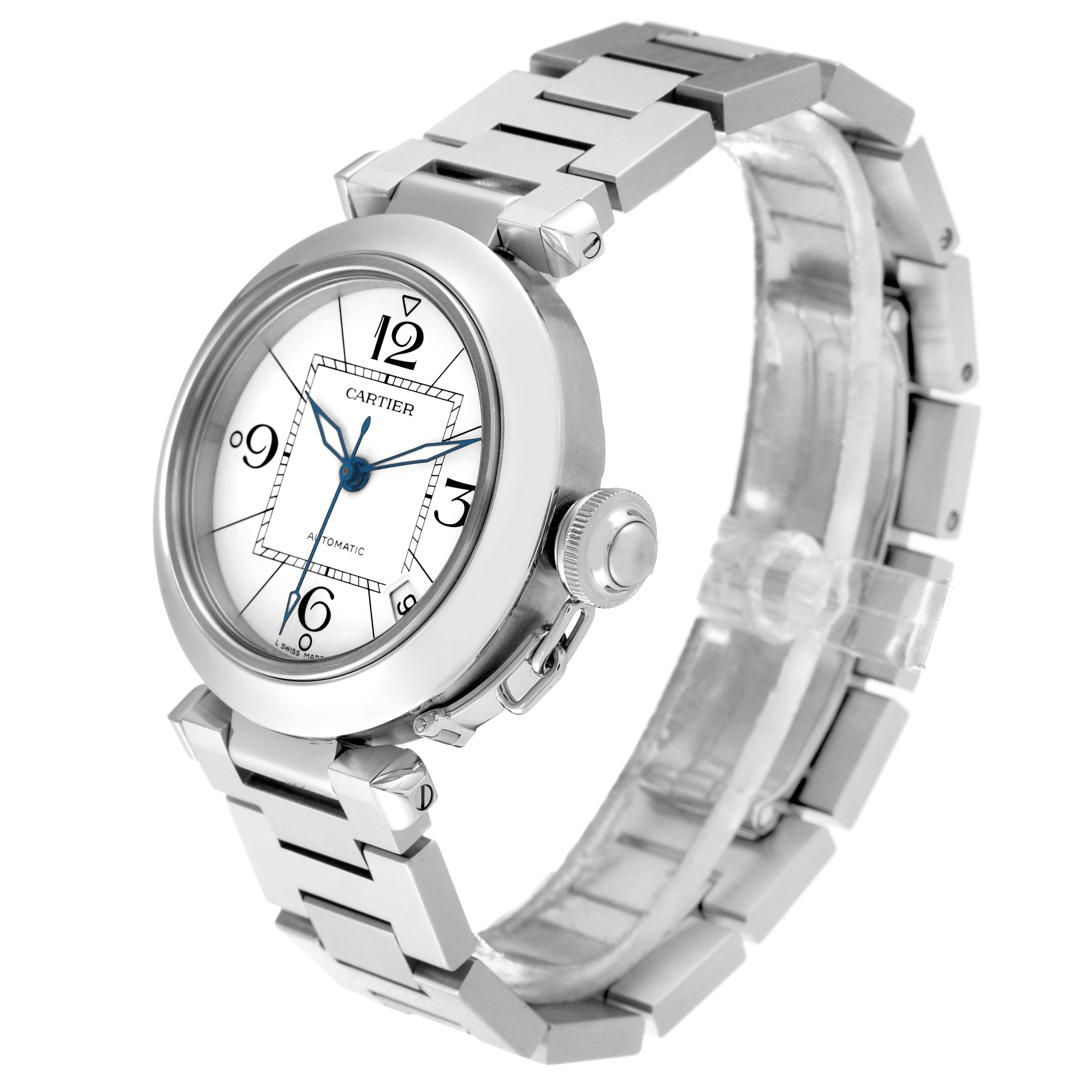 This Cartier Pasha W31074M7 Men's Stainless Steel White Dial W31074M7 Men's Stainless Steel White Dial watch is shown from a 3/4 angle, highlighting the face, crown, bracelet, and part of the case.