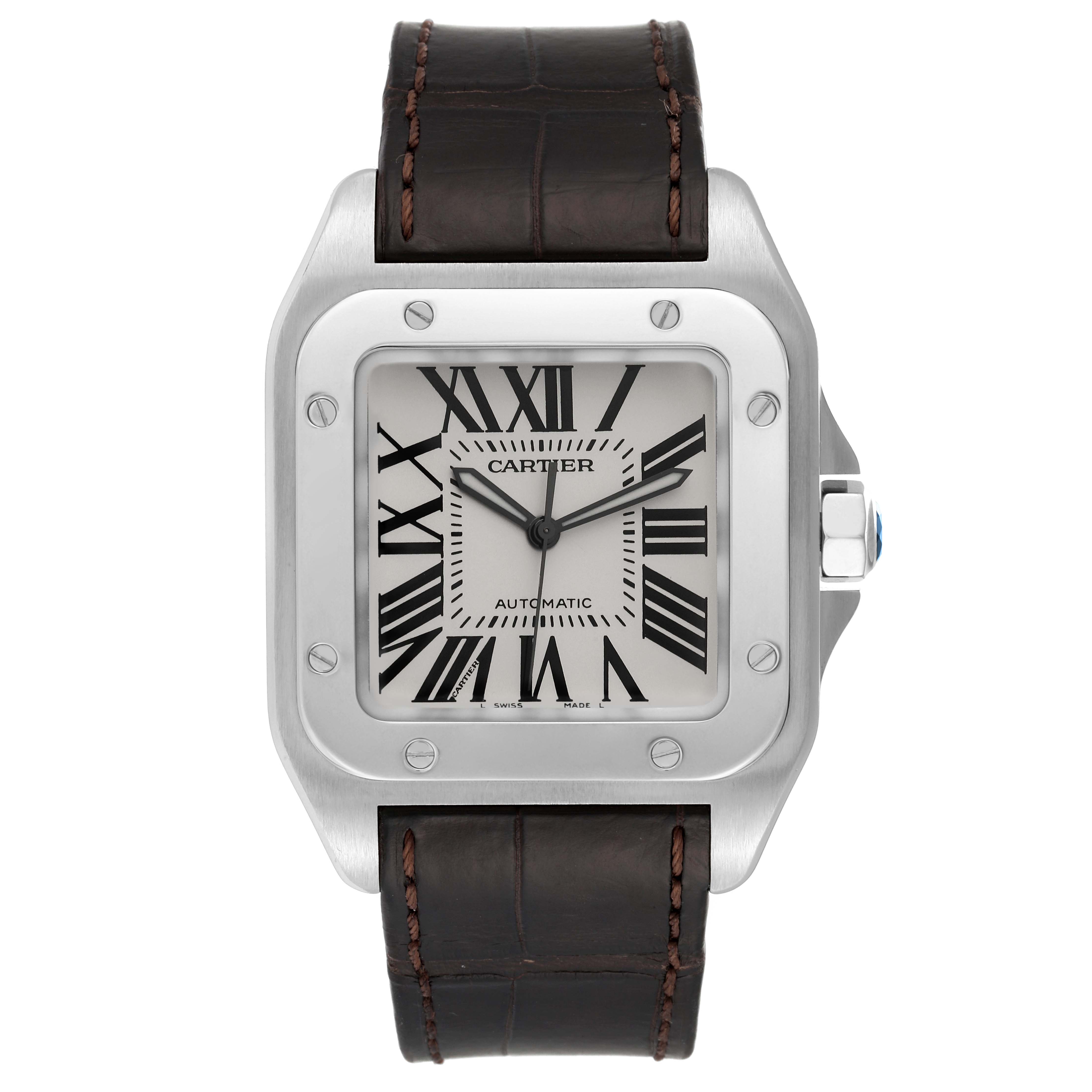 This image shows a frontal view of the Cartier Santos W20073X8 Men
s Stainless Steel Silver Dial W20073X8 Men
s Stainless Steel Silver Dial watch, featuring its face, bezel, crown, and leather strap.