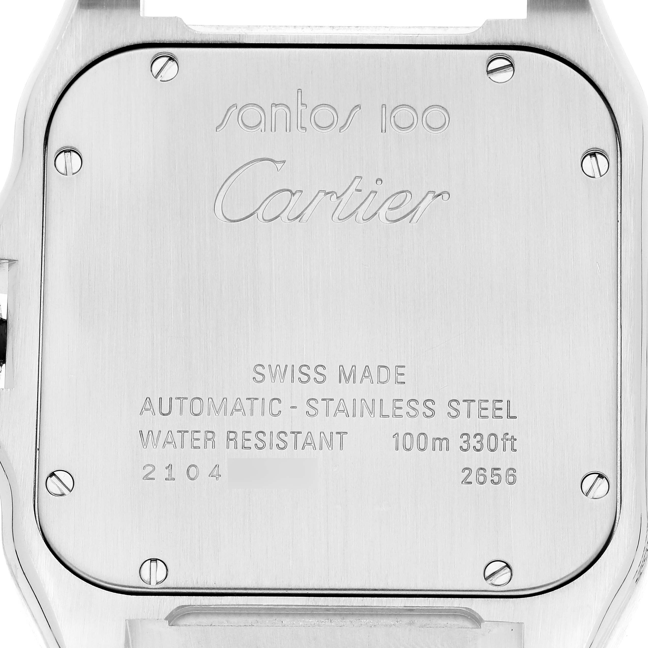 The image shows the back case of a Santos 100 watch by Cartier, detailing its specifications and features.