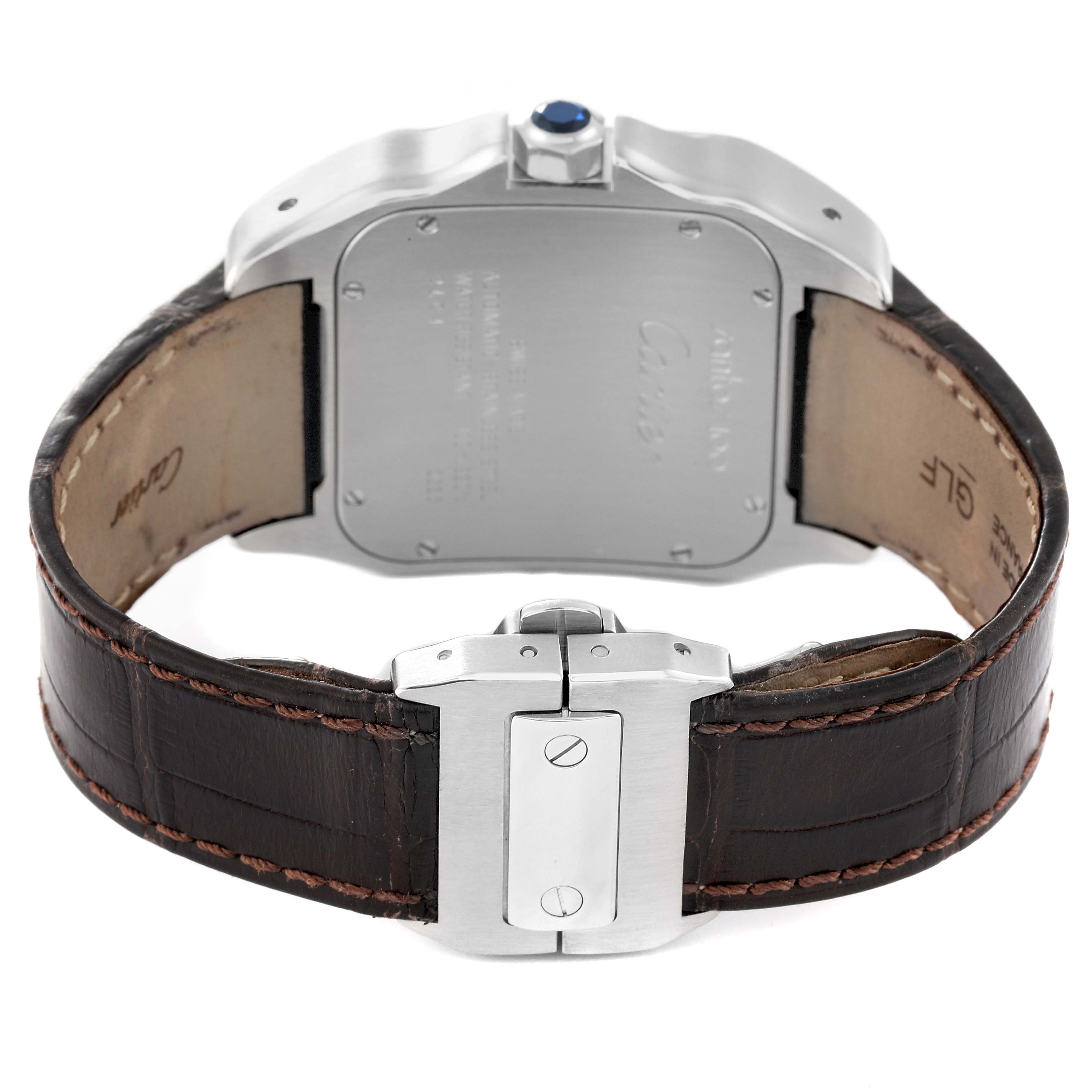 The image shows the backside of the Santos model by Cartier, focusing on the clasp and leather strap.