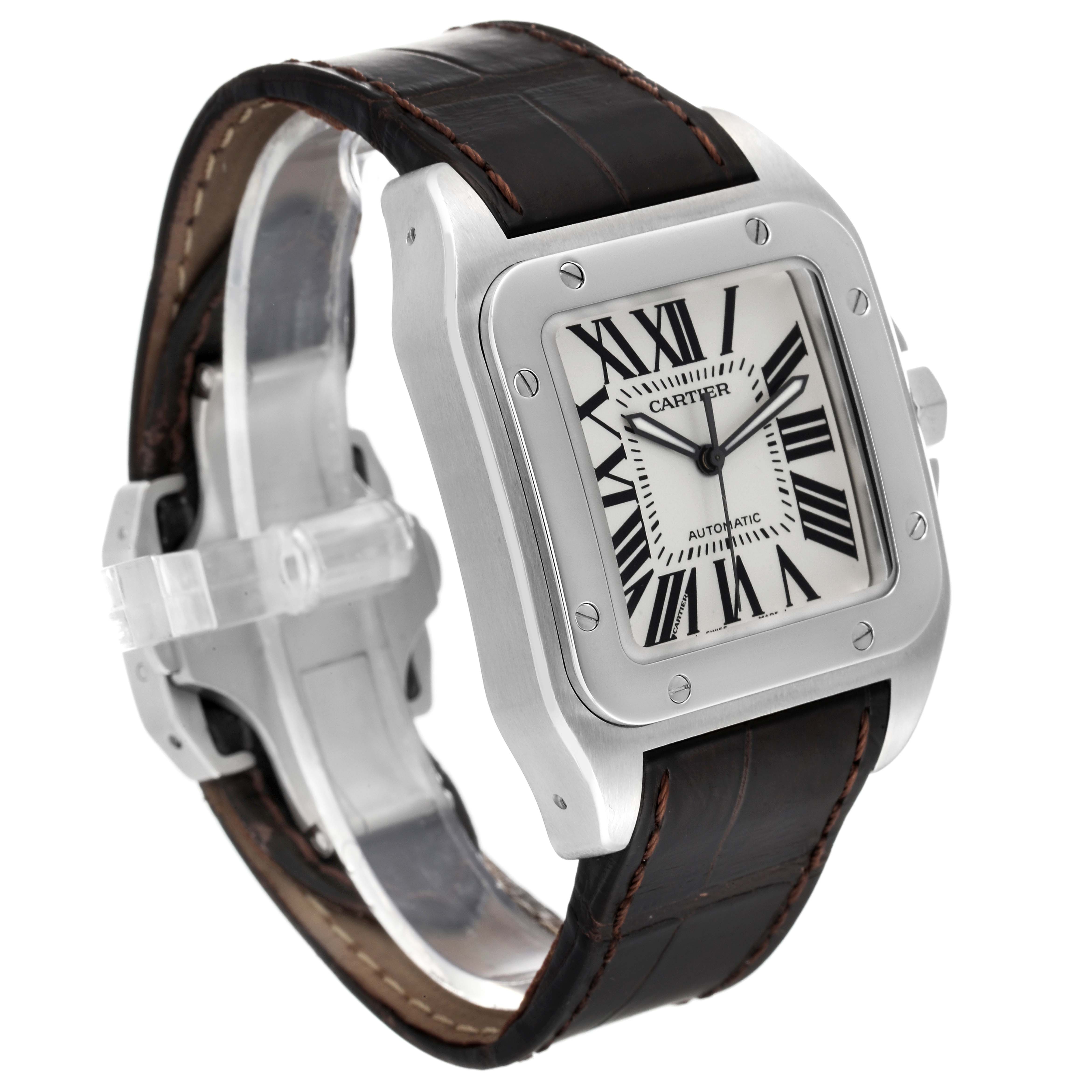 The image shows a Cartier Santos W20073X8 Men
s Stainless Steel Silver Dial W20073X8 Men
s Stainless Steel Silver Dial watch at an angle displaying its square face, Roman numerals, and leather strap.