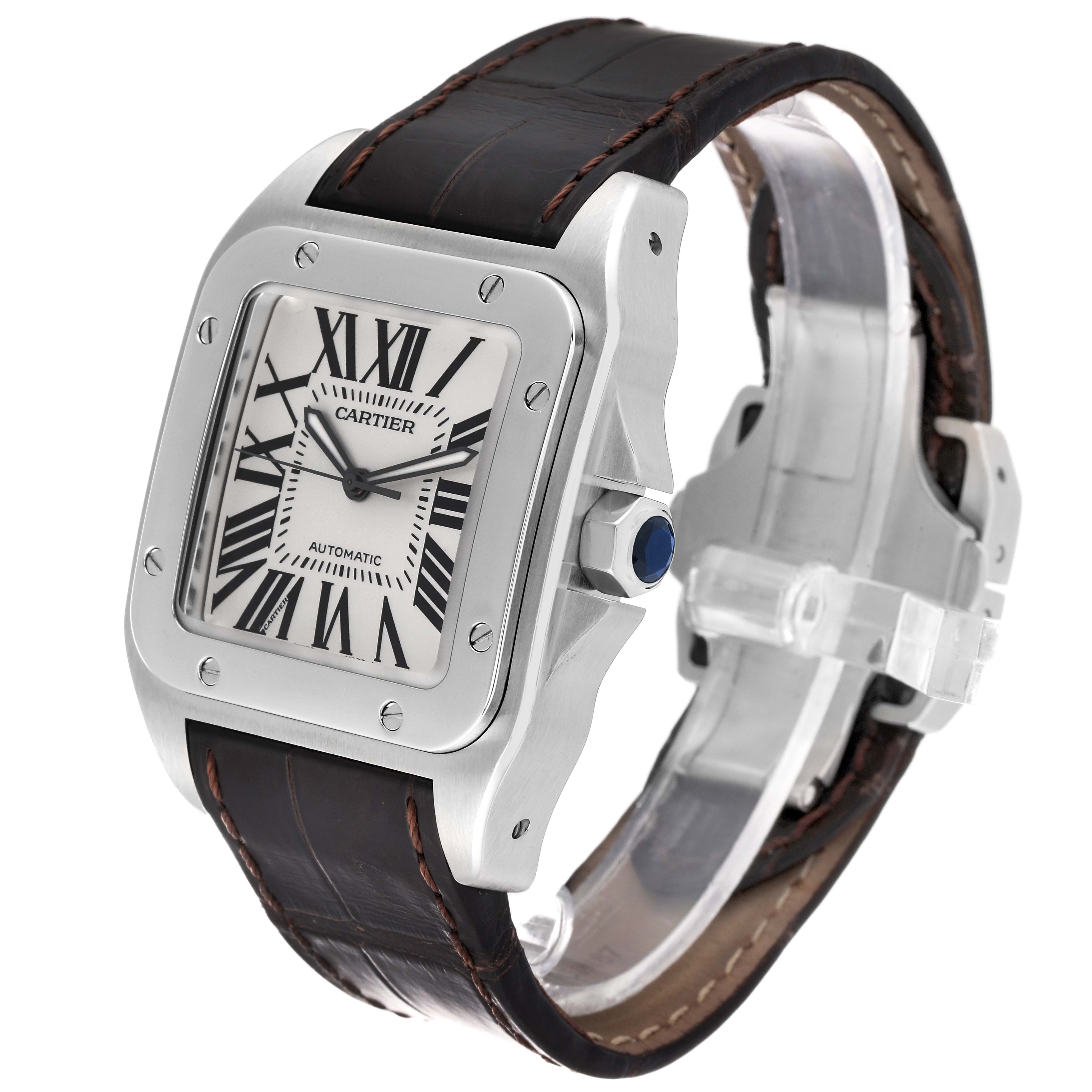 This image shows a Cartier Santos W20073X8 Men
s Stainless Steel Silver Dial W20073X8 Men
s Stainless Steel Silver Dial watch at an angled side view, highlighting its face, bezel, crown, and leather strap.