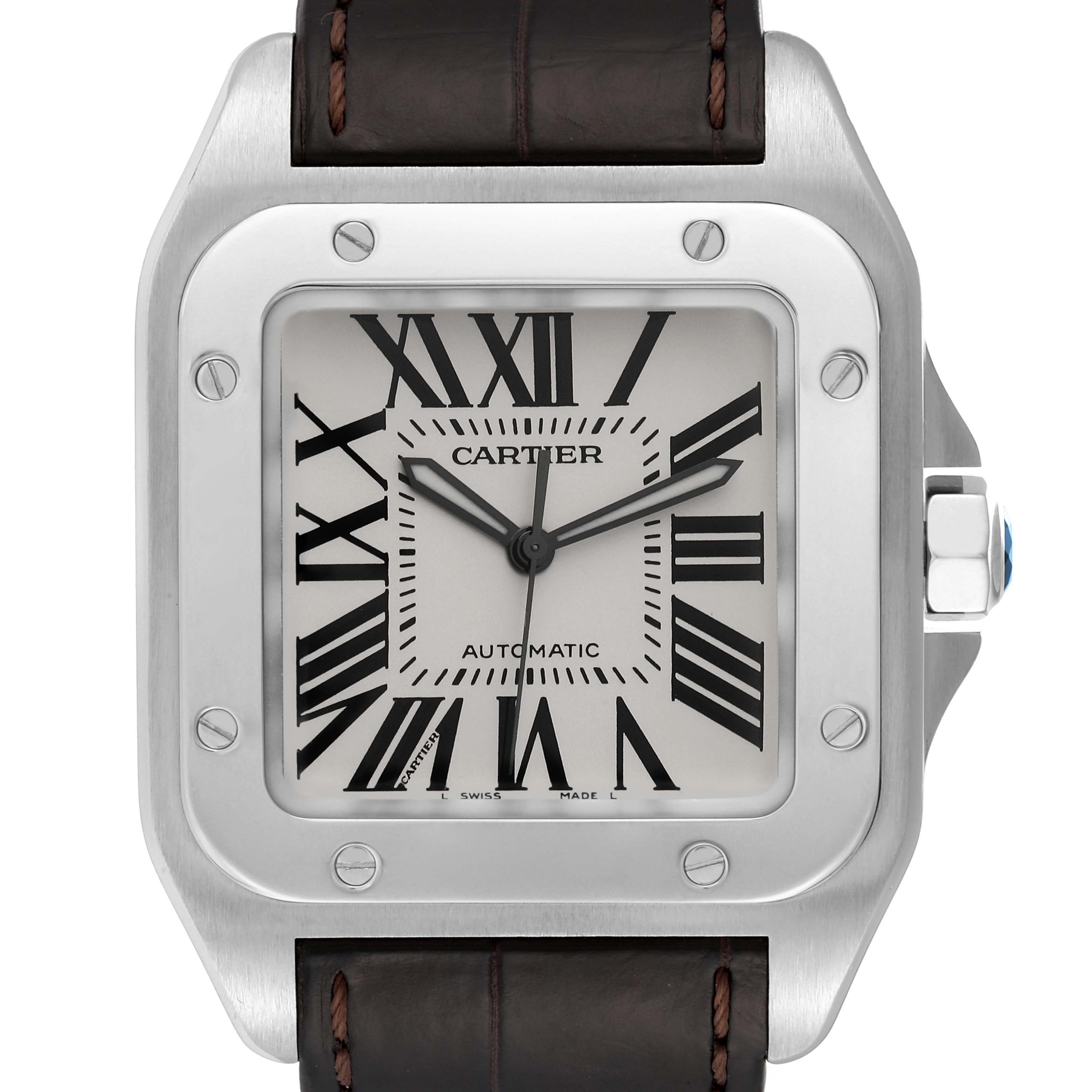 This image shows a close-up front view of the Santos de Cartier watch, highlighting its face, Roman numerals, bezel, and leather strap.