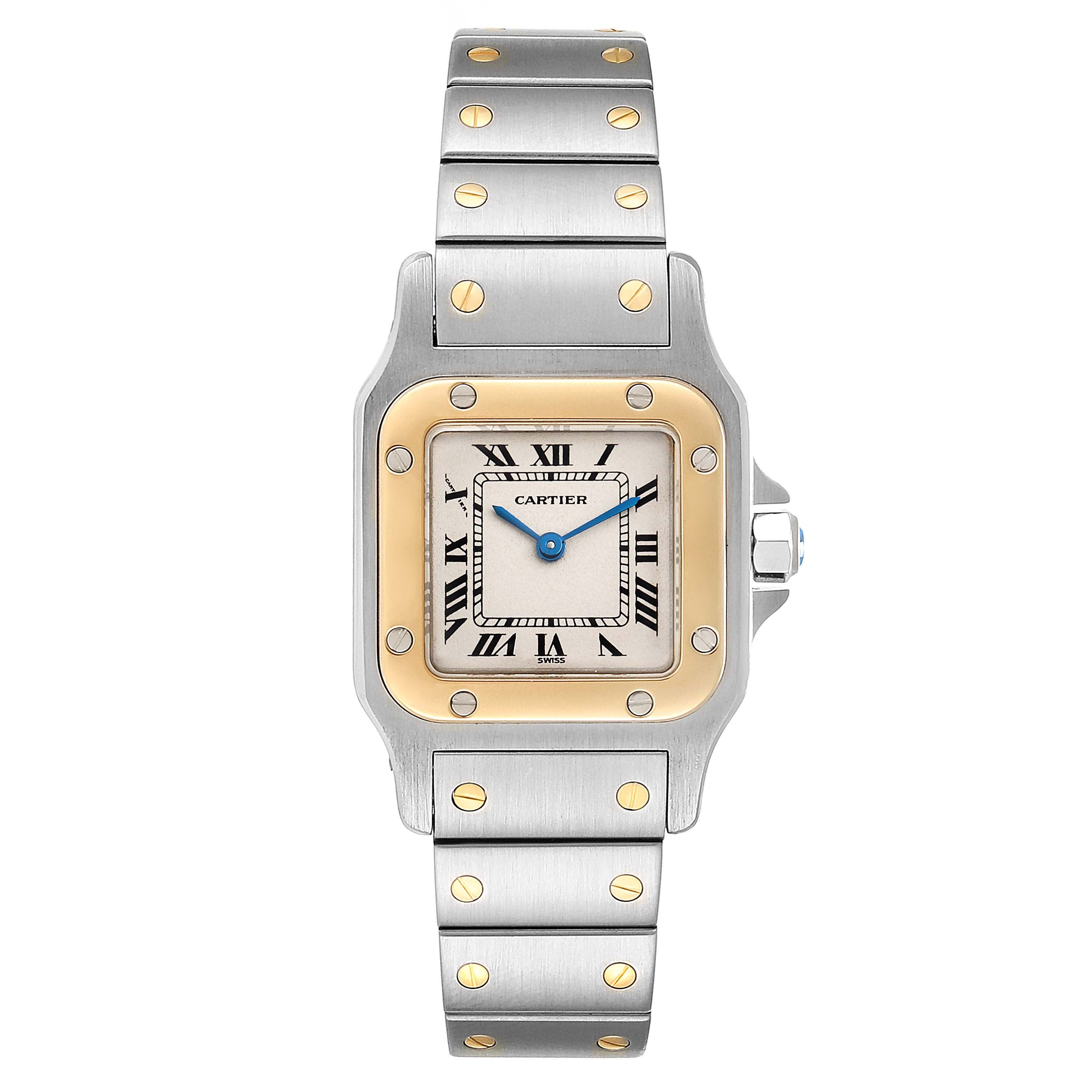 This image shows a front view of the Cartier Santos 166930 Women
s Steel and Gold (two tone) Silver Dial 166930 Women
s Steel and Gold (two tone) Silver Dial watch, highlighting its square dial, Roman numerals, and metallic bracelet.