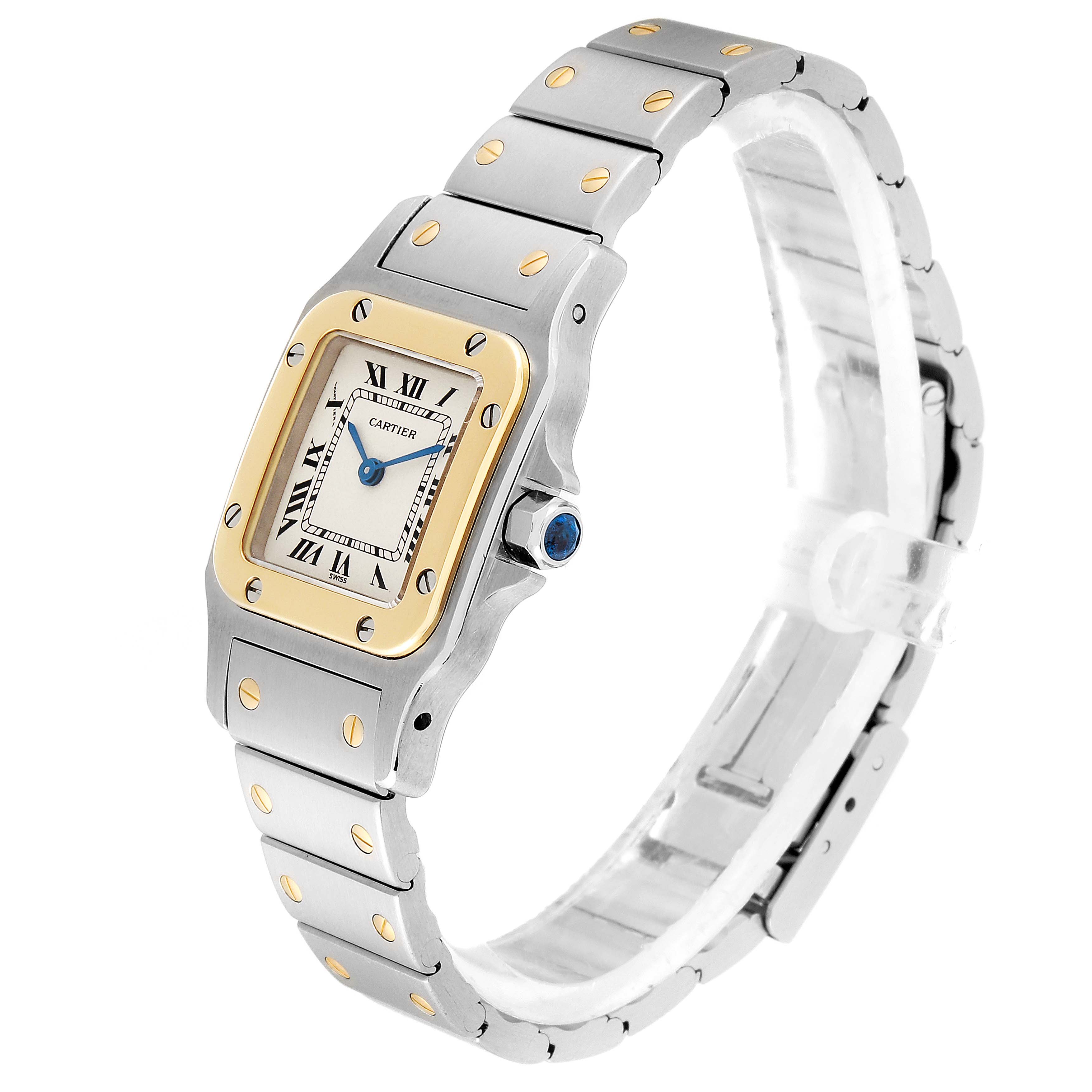 The image shows a Cartier Santos 166930 Women
s Steel and Gold (two tone) Silver Dial 166930 Women
s Steel and Gold (two tone) Silver Dial watch angled from the front-left, displaying its face, bezel, and part of its bracelet.