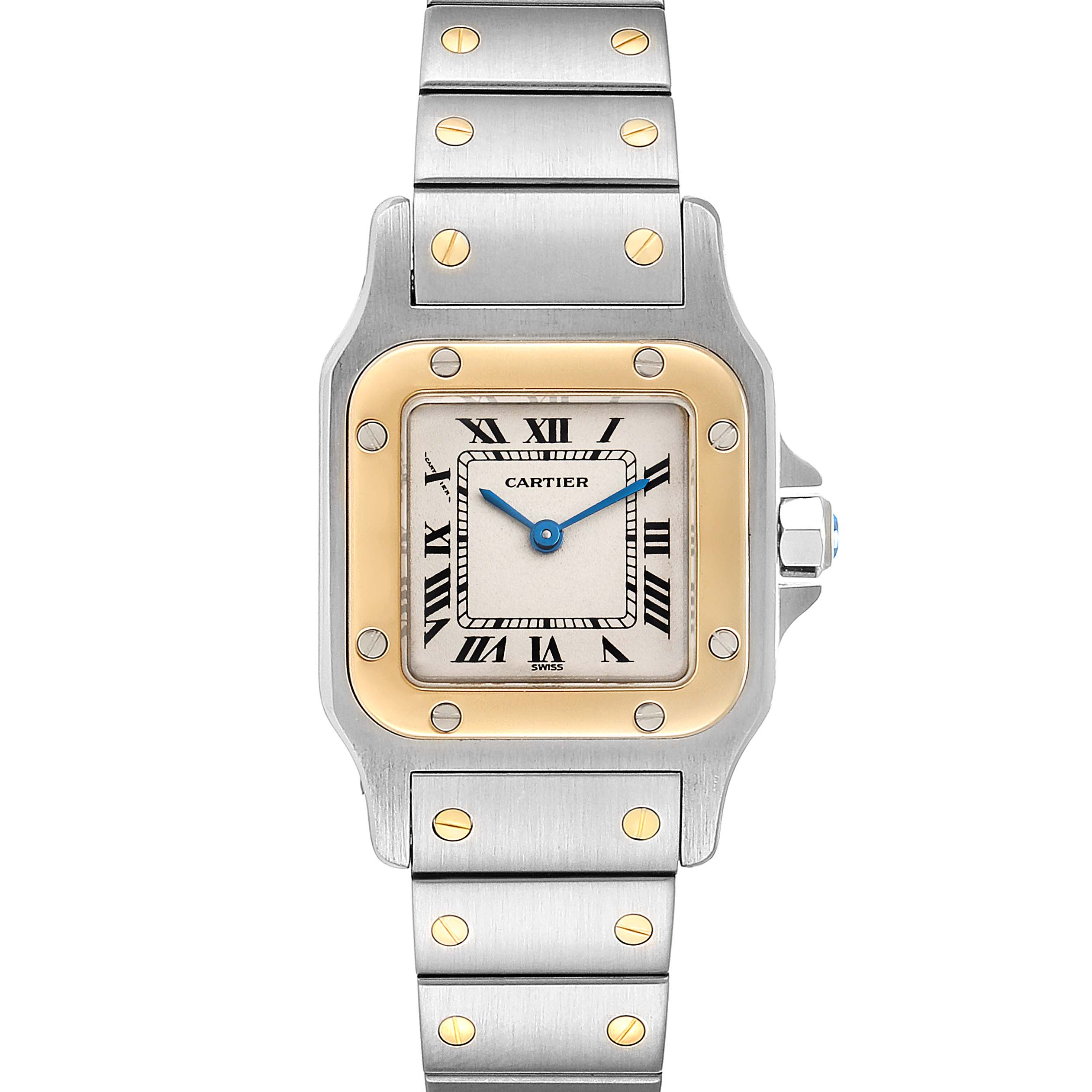 This image shows a straight-on view of the Cartier Santos 166930 Women
s Steel and Gold (two tone) Silver Dial 166930 Women
s Steel and Gold (two tone) Silver Dial watch, highlighting its square dial, silver and gold bezel, and metal bracelet.