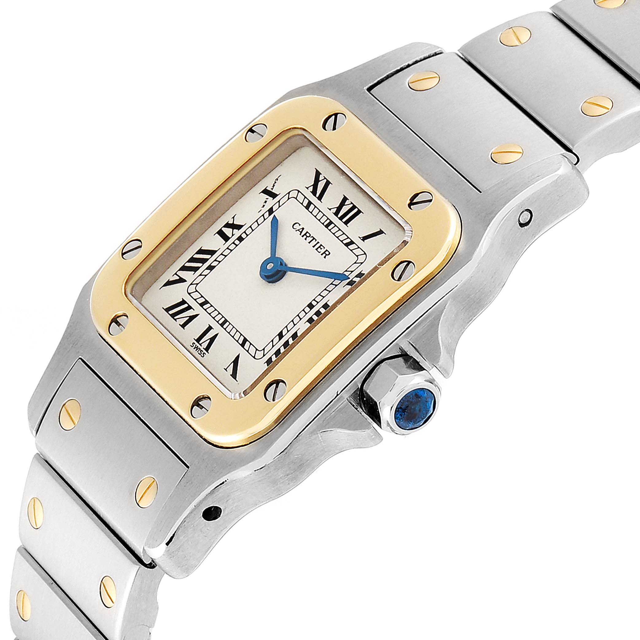 The Cartier Santos 166930 Women
s Steel and Gold (two tone) Silver Dial 166930 Women
s Steel and Gold (two tone) Silver Dial watch is shown at an angled view highlighting its face, bezel, and part of the bracelet.