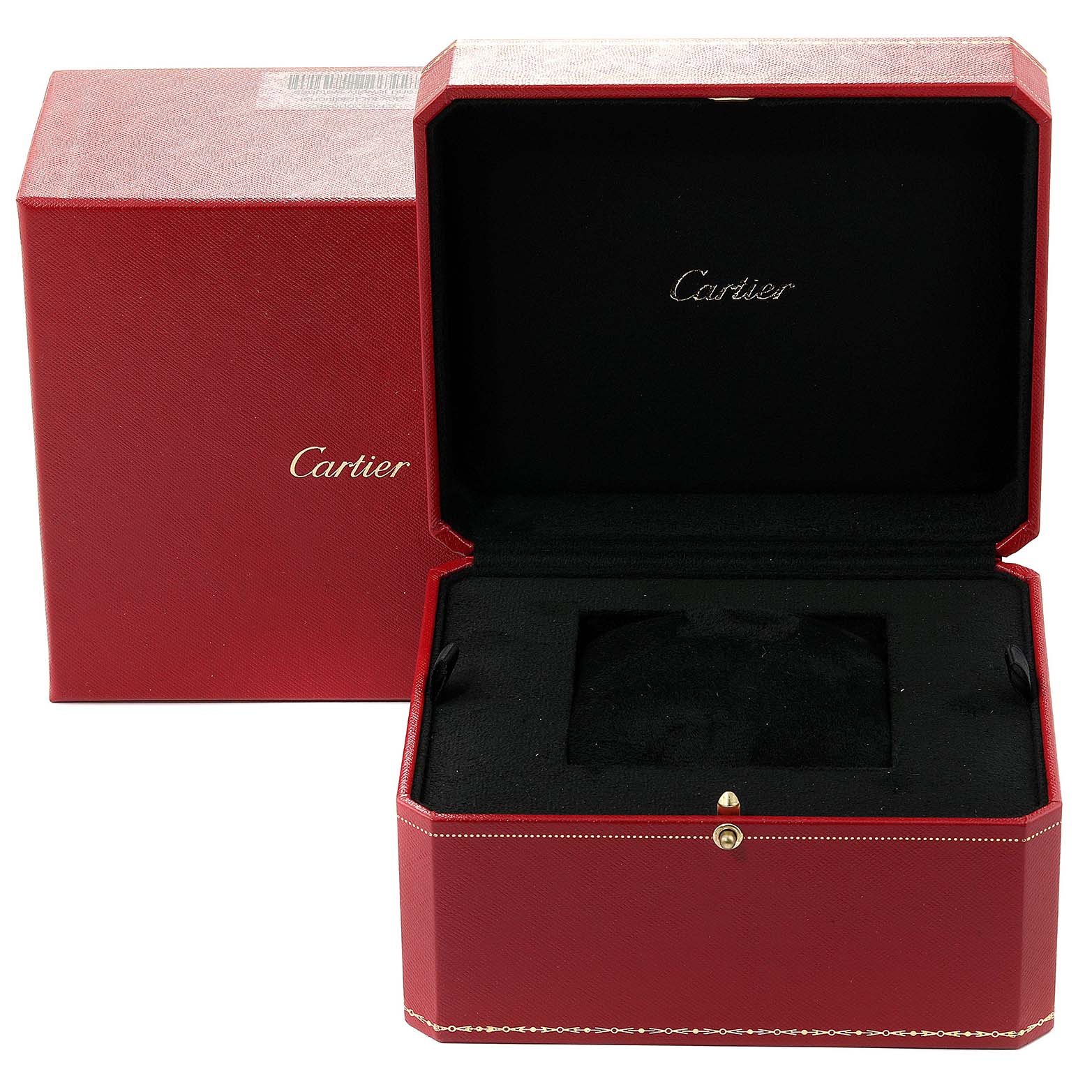 The image shows an open red Cartier box for the Tank Americaine model watch and its outer packaging from a front angle.