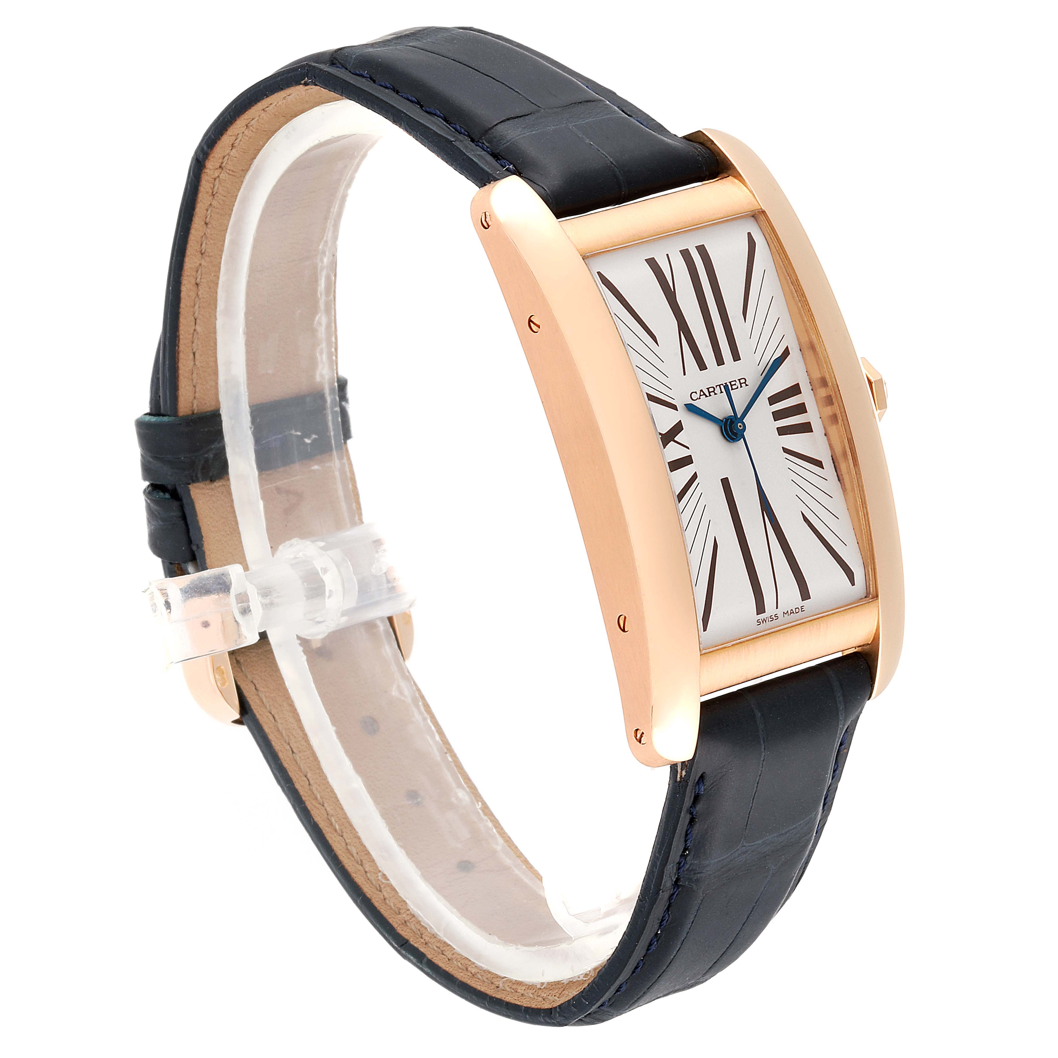 The image shows a Cartier Tank Americaine 2505 Men's Rose Gold Silver Dial 2505 Men's Rose Gold Silver Dial watch from a three-quarter angle, highlighting the case, dial, strap, and side profile.