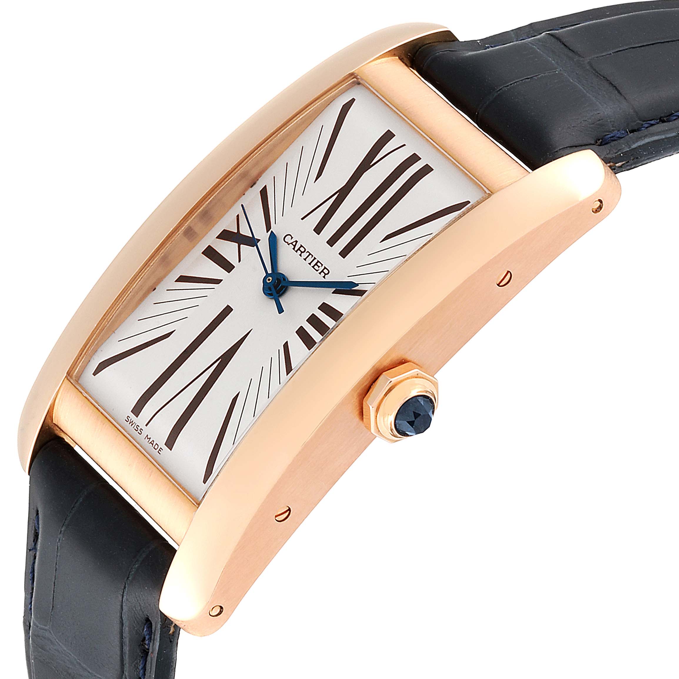 The image shows a side angle of the Cartier Tank Americaine 2505 Men's Rose Gold Silver Dial 2505 Men's Rose Gold Silver Dial watch, highlighting the case, dial, and part of the strap.