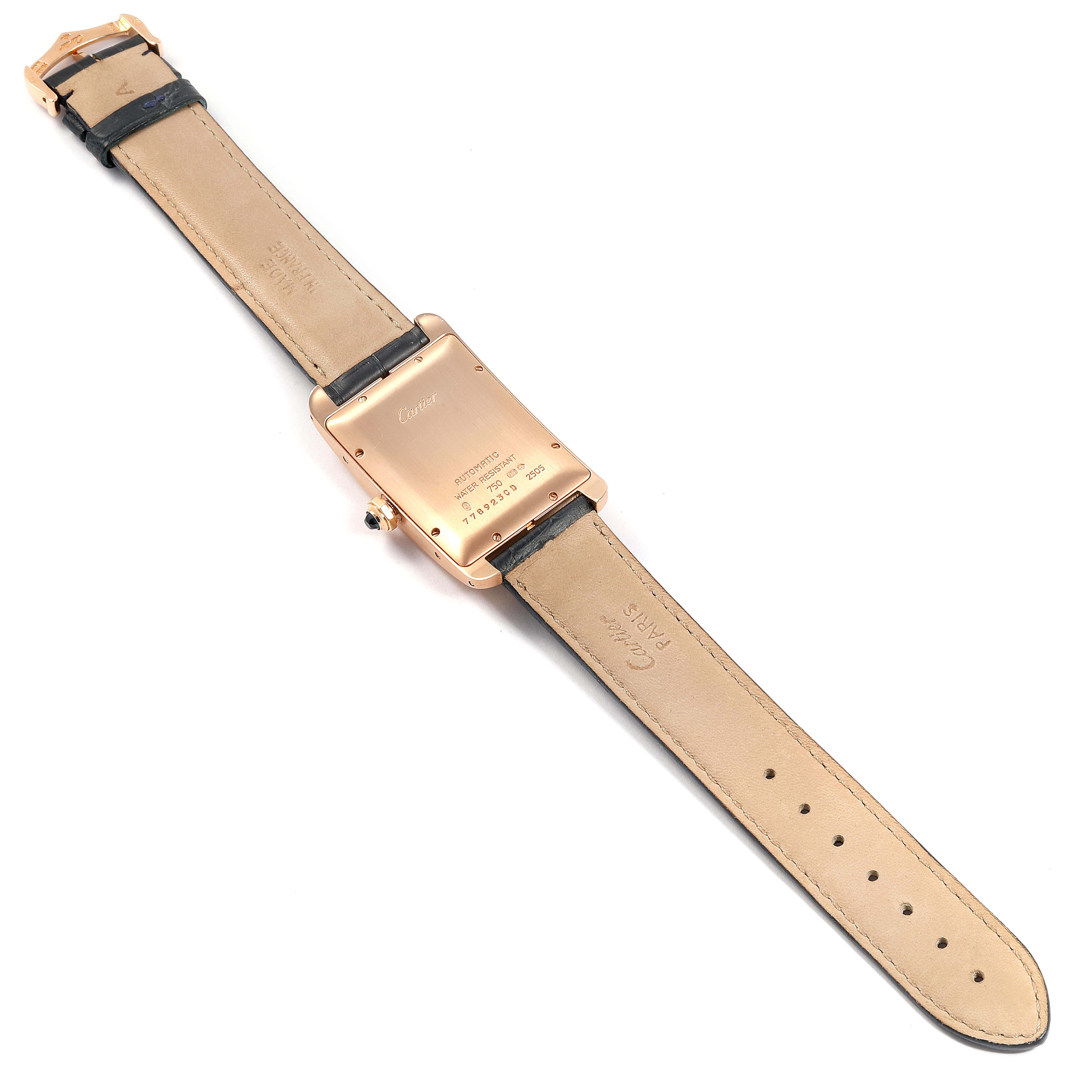 This image shows the back view of the Cartier Tank Americaine 2505 Men's Rose Gold Silver Dial 2505 Men's Rose Gold Silver Dial watch, displaying its strap and caseback details.