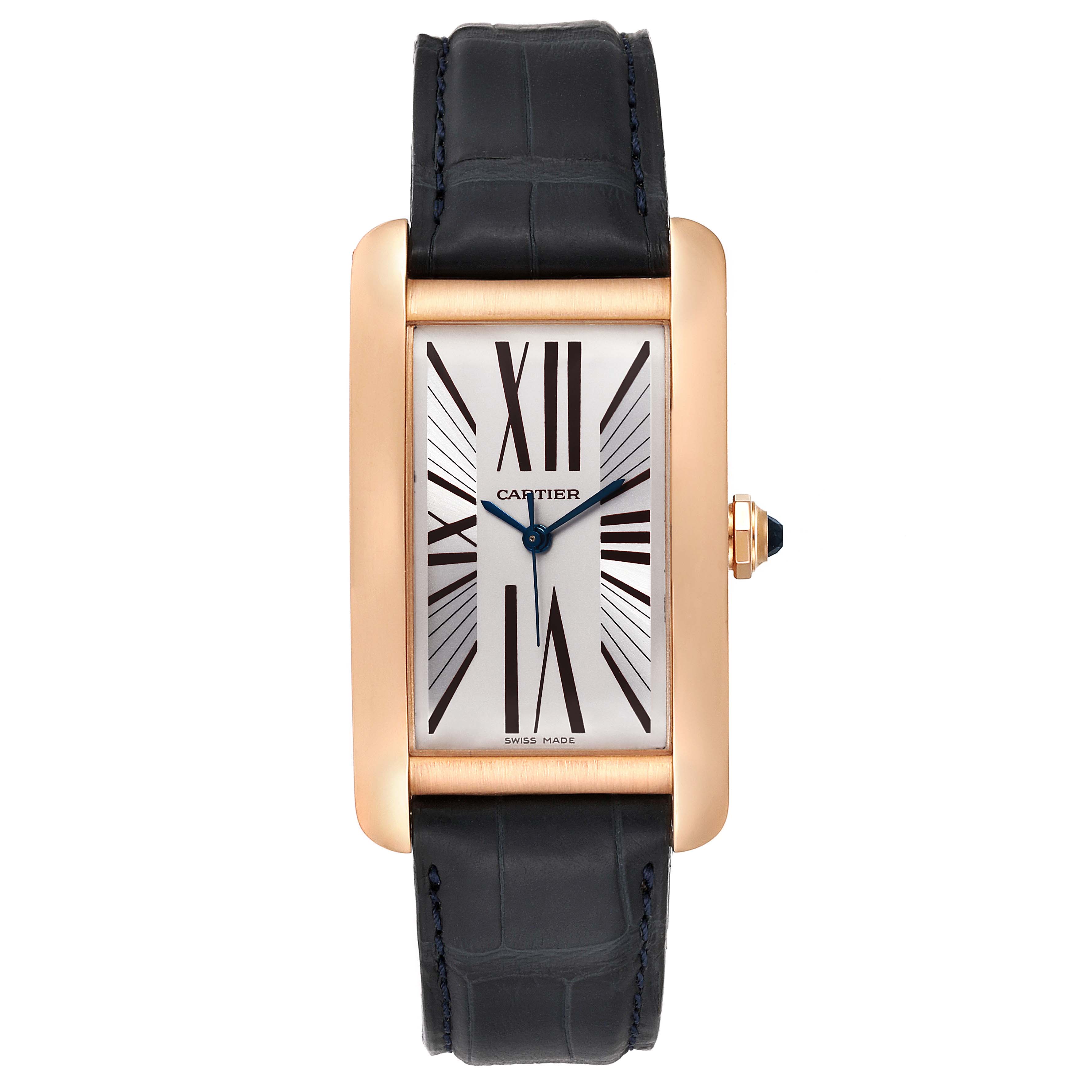 The image shows a Cartier Tank Americaine 2505 Men's Rose Gold Silver Dial 2505 Men's Rose Gold Silver Dial watch from a front view, displaying the case, dial, and strap.