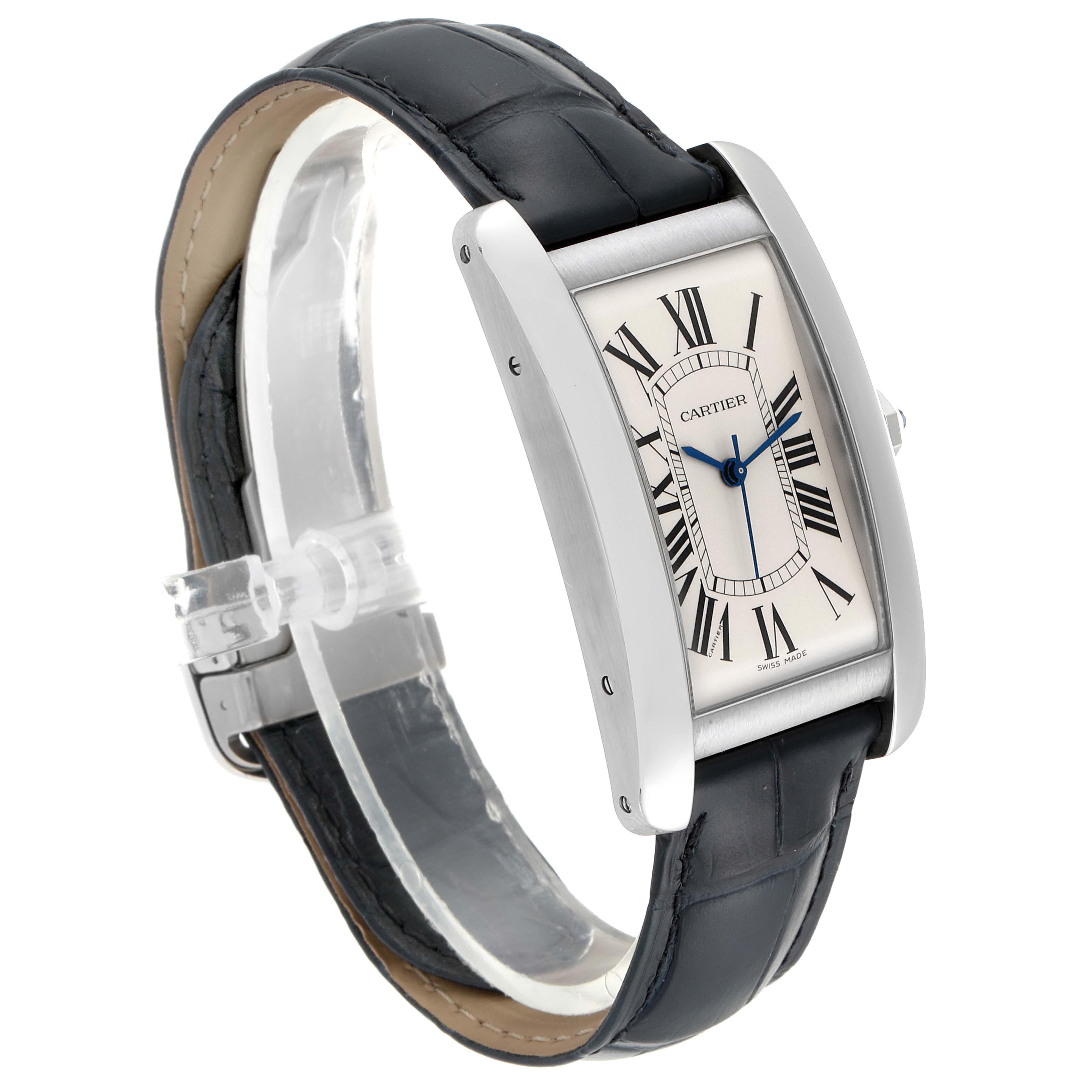 The image shows a Cartier Tank Americaine WSTA0018 Men's White Gold Silver Dial WSTA0018 Men's White Gold Silver Dial watch at a slight angle, showcasing the face, Roman numeral dial, and black leather strap.