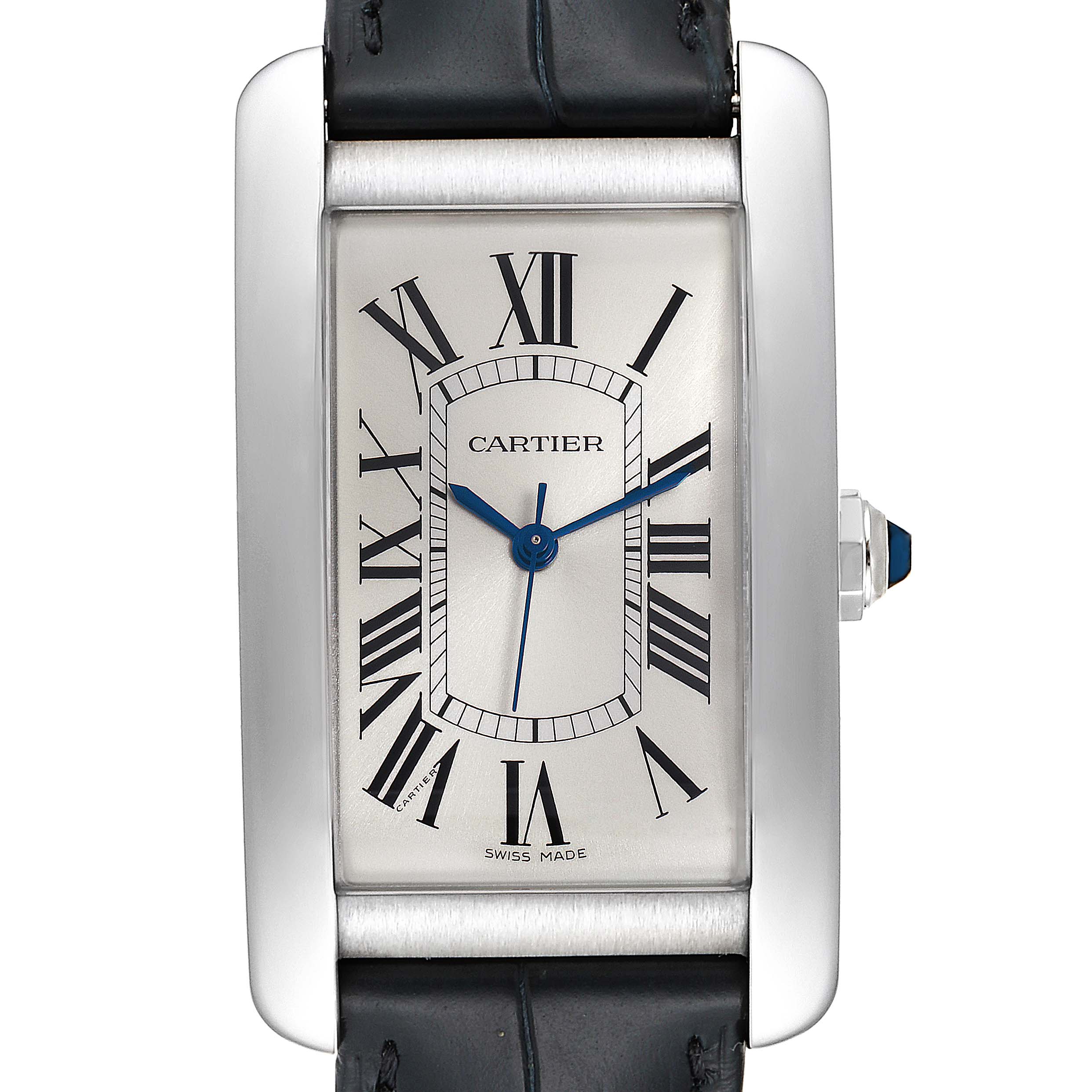 This image shows a front view of the Cartier Tank Americaine WSTA0018 Men's White Gold Silver Dial WSTA0018 Men's White Gold Silver Dial watch, highlighting its rectangular dial, Roman numerals, and leather strap.