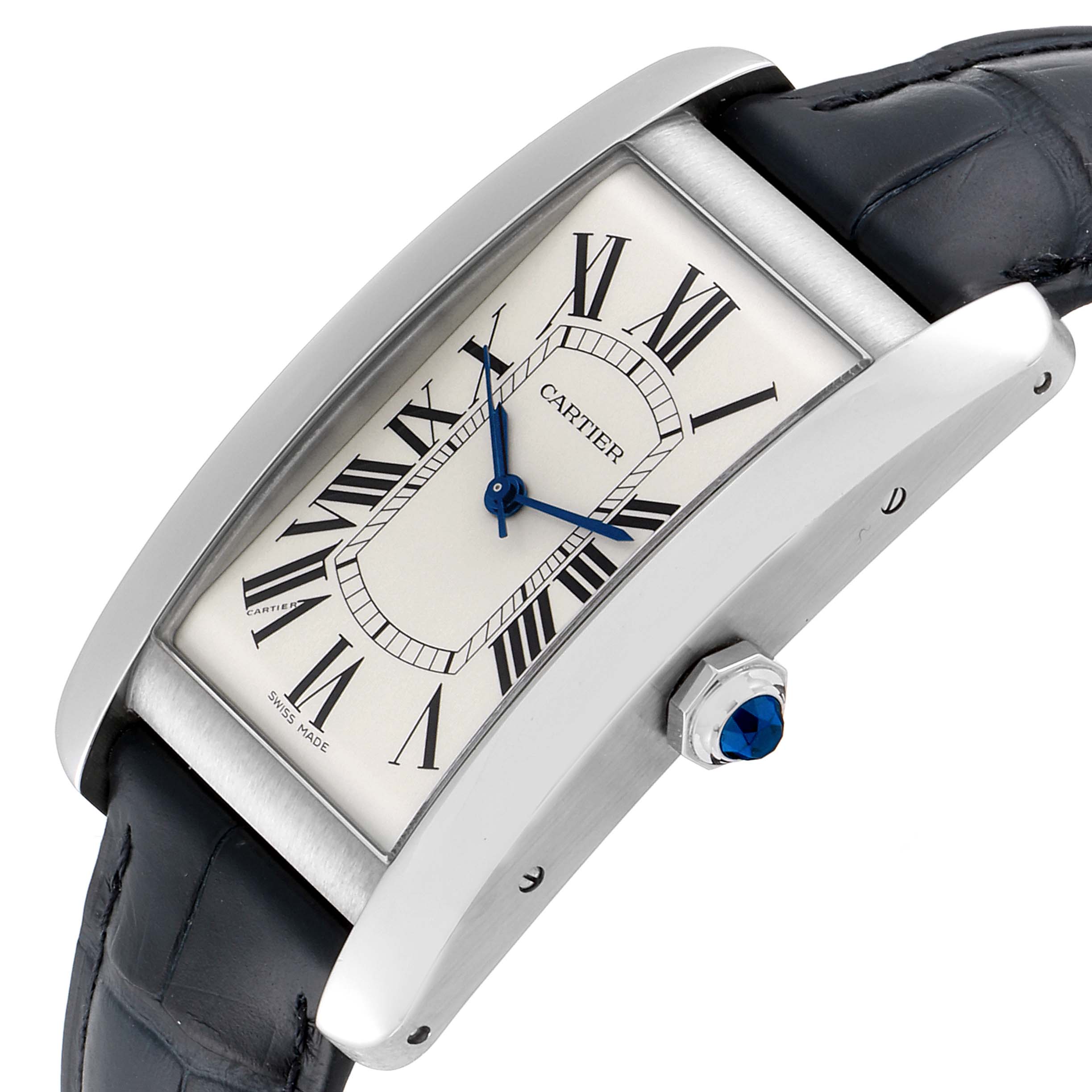 This image shows a close-up angled view of a Cartier Tank Americaine WSTA0018 Men's White Gold Silver Dial WSTA0018 Men's White Gold Silver Dial watch, highlighting the dial, case, crown, and leather strap.